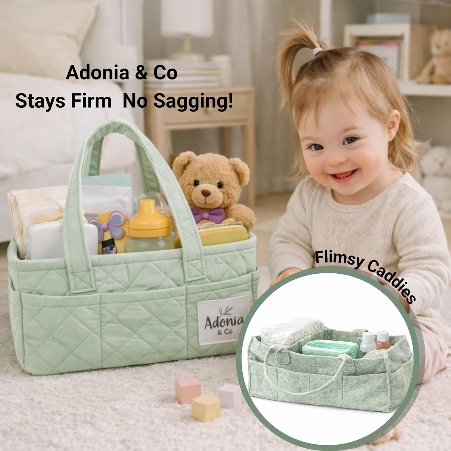 Adonia & Co Diaper Caddy Organizer – Nursery Storage Basket for Newborn Essentials Must Haves & Baby Must Haves – Portable, Machine Washable Baby Diaper Bag Organizer (Green)
