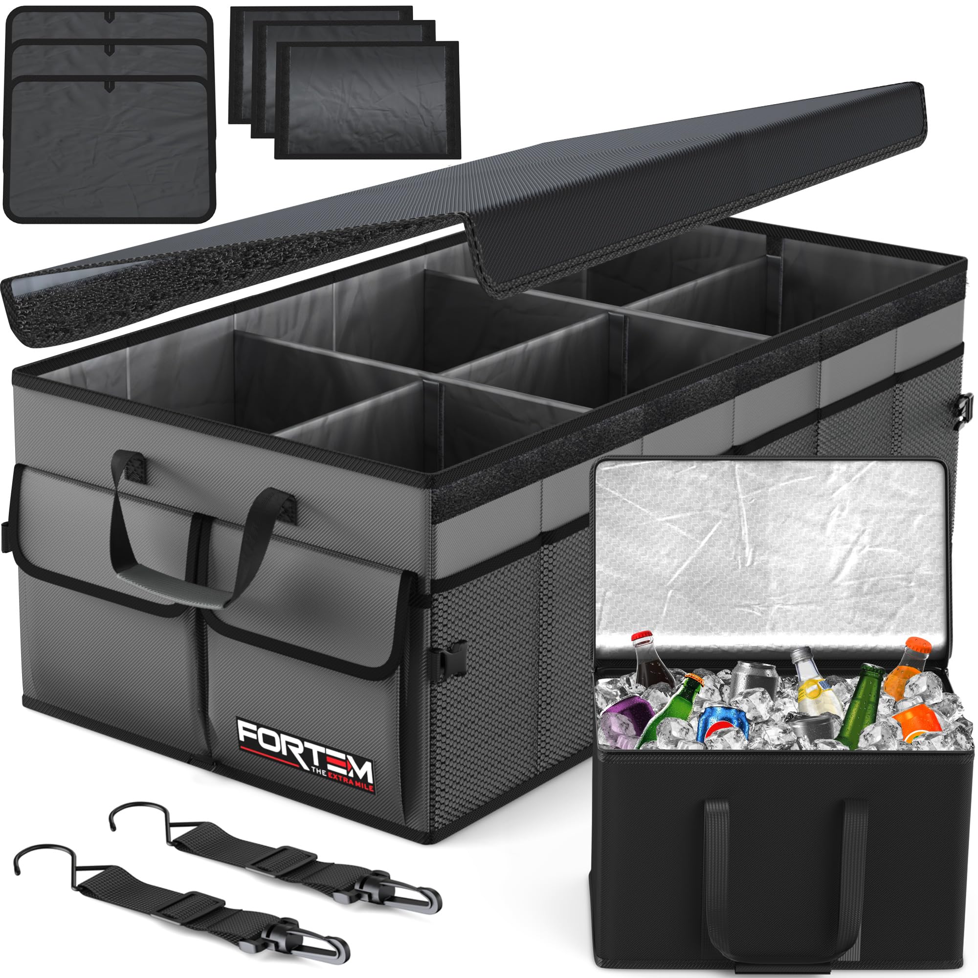 FORTEM Organizer per Bagagliaio Auto con Frigo, Organizer Pieghevole Multi Scomparto per Auto e SUV, Fondo Antiscivolo, Cinghie Regolabili, Coperchio Pieghevole (Grigio, Extra Grande)