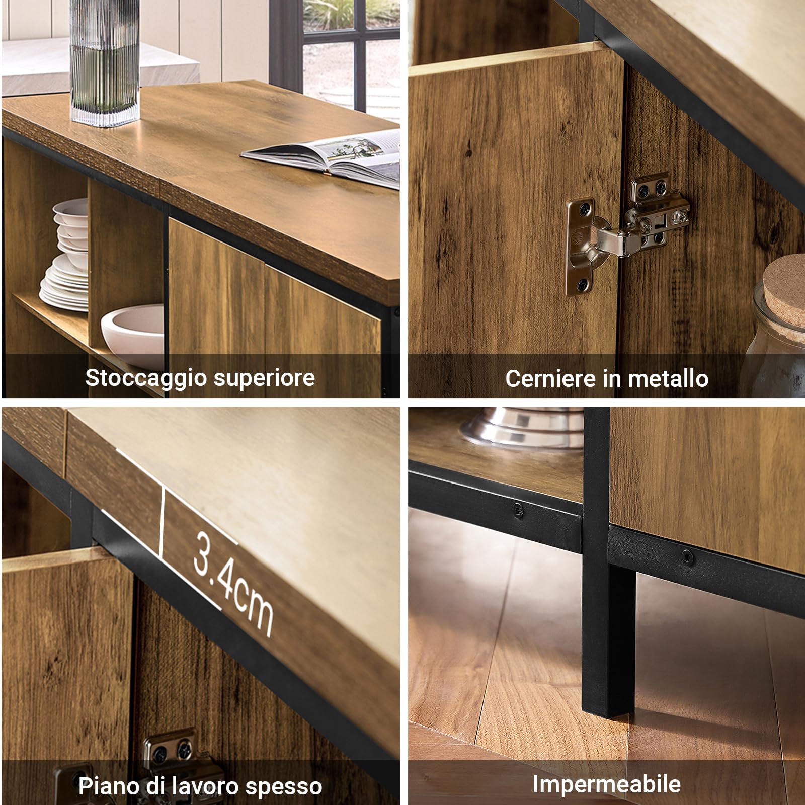 SoBuy Isola Cucina Mobiletto di Stoccaggio, Credenza Multifunzionale, Cucina Mobile Bar, Madia Salvaspazio, Mobile da Soggiorno in Stile Industriale 170 x 60 x 89 cm KNL01-F