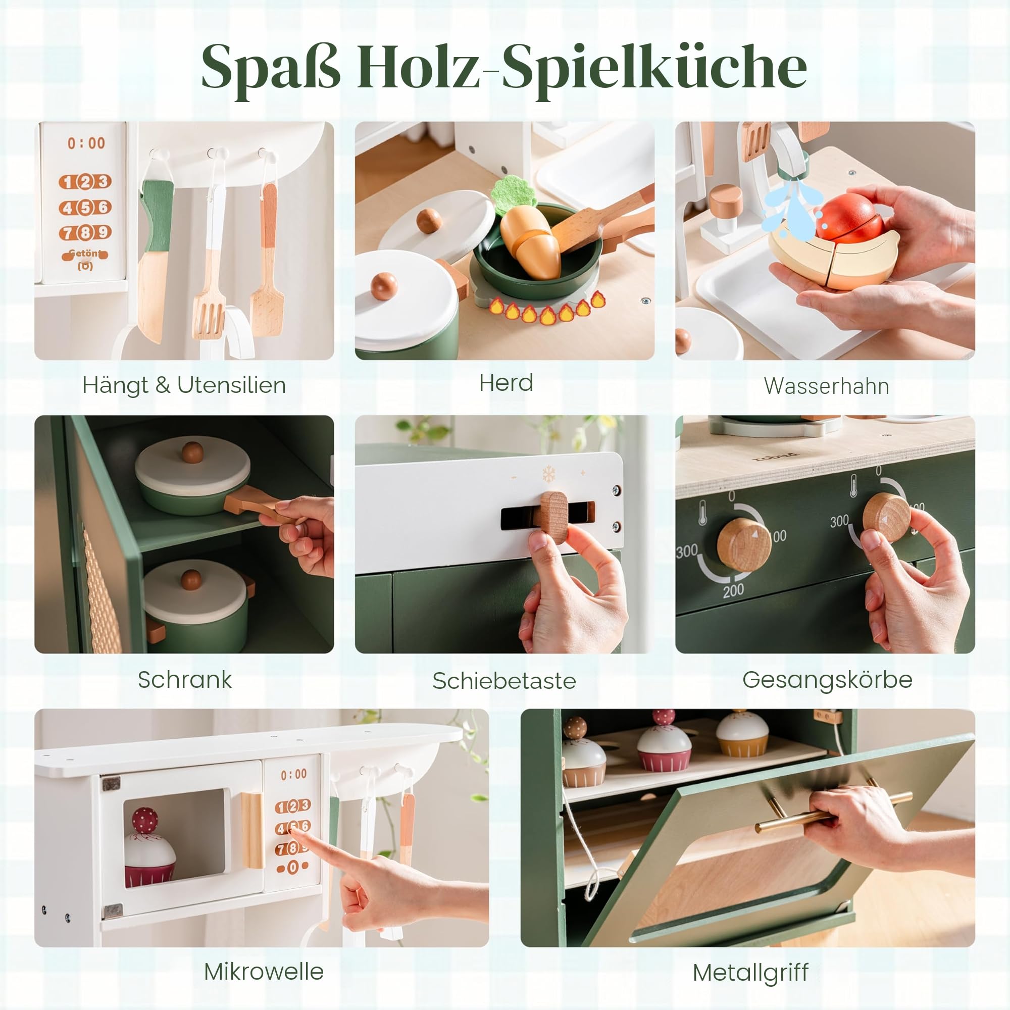 ROBOTIME Spielküche Holz mit Kühlschrank und Backofen, ab 3 Jahren | 3-in-1 Kinderküche Zubehör mit Eisspender, Spüle, Herd, Stauraum und Küchenutensilien, Vintage-Grün, Geschenk für Kinder