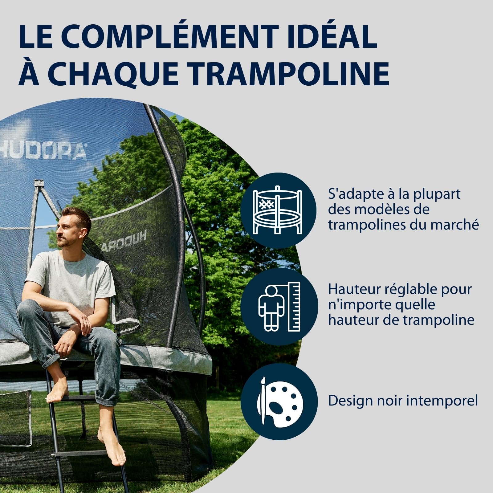 HUDORA Échelle universelle – Trampoline antidérapant avec marches larges – Échelle de sécurité réglable en hauteur pour différentes hauteurs de trampoline et résistant aux UV