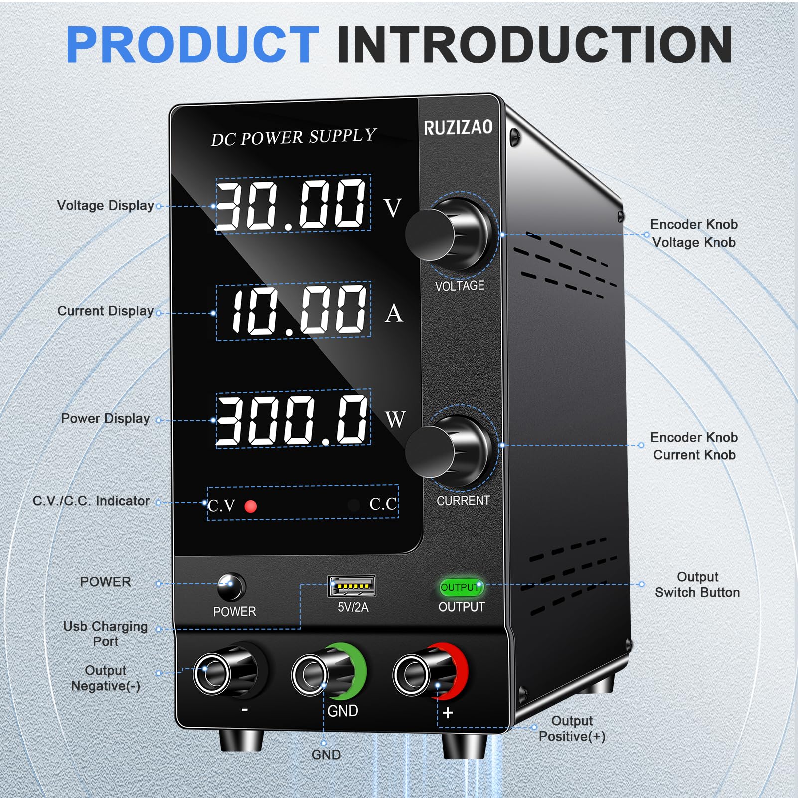 Fuente de Alimentación Regulable 30V 10A, Fuente de Alimentación de Laboratorio con Codificador y Interruptor de Salida, Fuente de Alimentación de Banco Pantalla LED de 4 Dígitos y Puerto USB