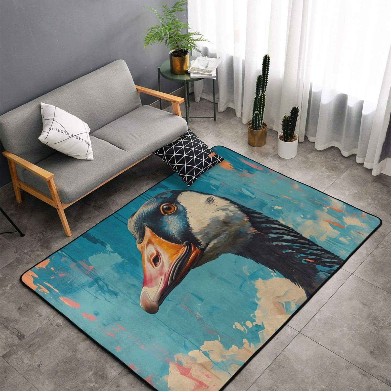 Tapis bleu canard aquarelle pour salon, chambre à coucher – Tapis lavable doux 91 x 152 cm antidérapant – Tapis d'intérieur décoratif esthétique pour chambre à coucher – 152,4 x 99,1 cm