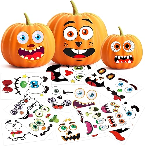 Calcomanías decorativas de calabaza de Halloween, 26 hojas, 56 calcomanías faciales en total, kit de manualidades de pintura de calabaza, decoración