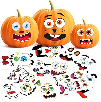 Halloween Pumpkin Decorating Stickers - 26 Sheets 56 Total Face Stickers, Pumpkin Painting Craft Kit, Jack-o-Lantern Decoration, Cute Halloween Decor Idea - Treats, Gifts, Crafts Decals for Kids