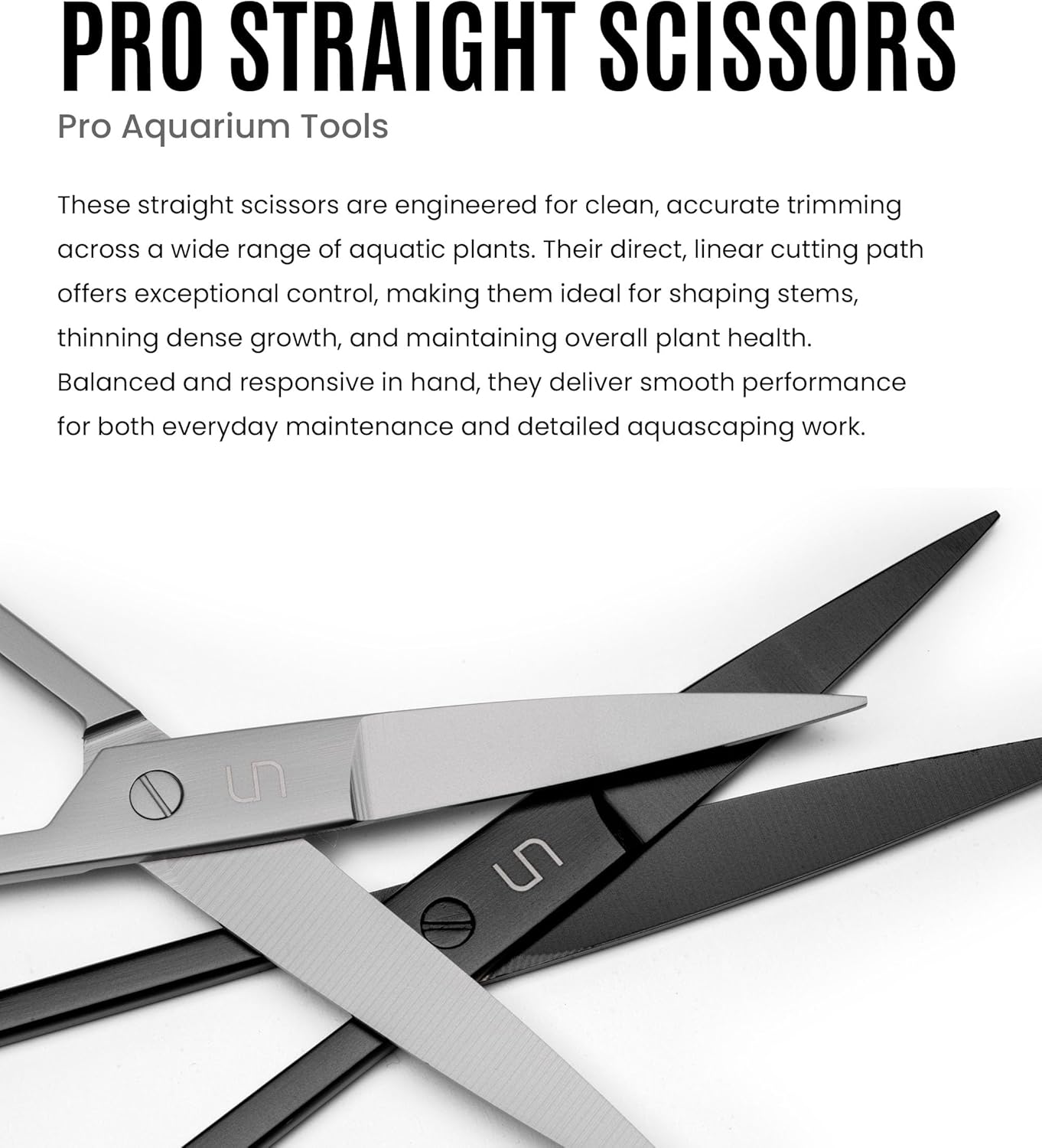 UNS Pro Aquascaping Tools - Stainless Steel Aquarium Accessories for Trimming Carpet & Stem Aquatic Plants, Coral Cutting in Freshwater, Reef, Terrarium or Vivarium Tanks - Straight Scissors, Black