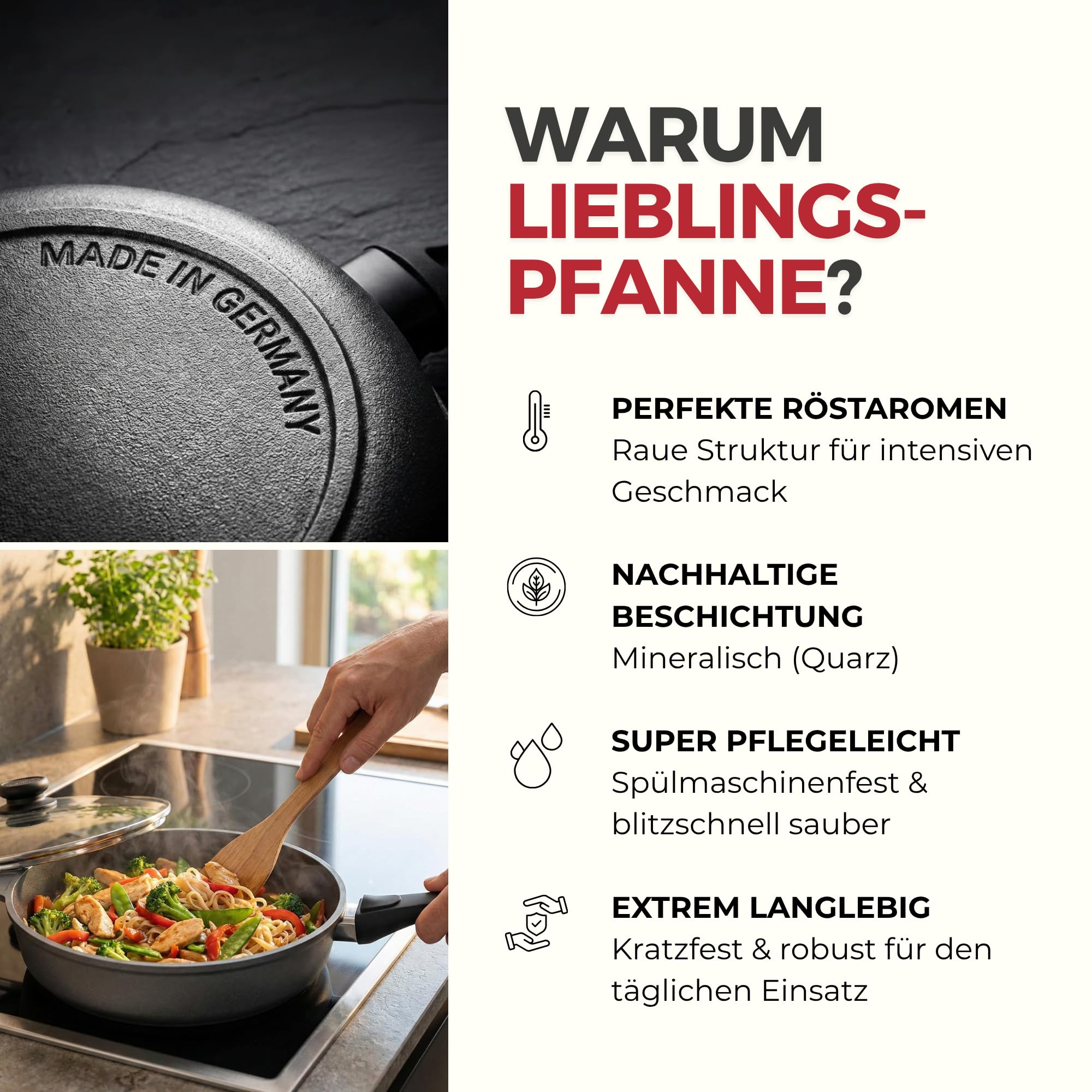 Lieblingspfanne Bratpfanne 24 cm Ø - hoher Rand 7 cm - Für alle Herdarten & Induktion - mit Glasdeckel & 4D Antihaft-Veredelung - für krosses Anbraten & Röstaromen - 100 Tage testen - inkl. E-Book