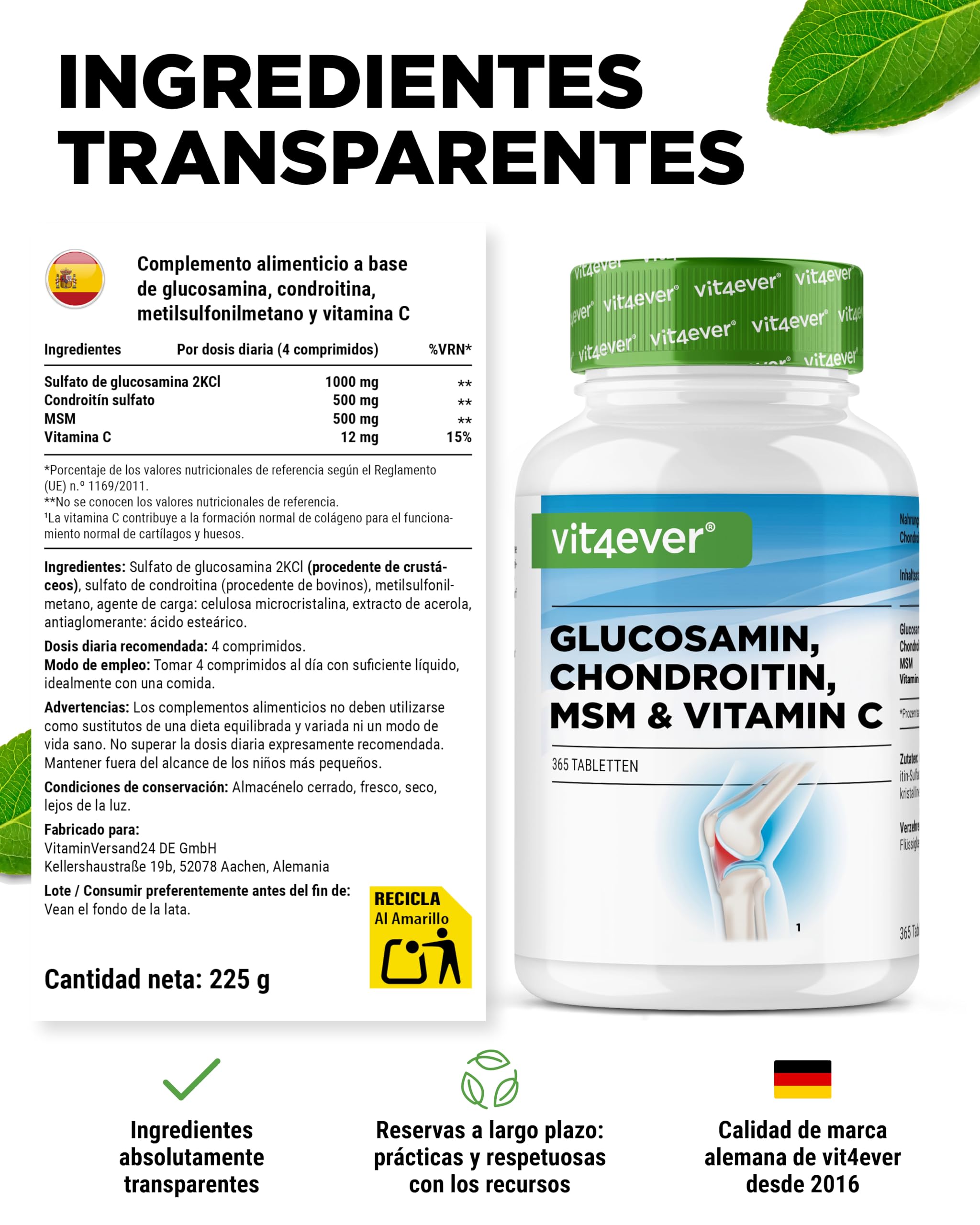 Glucosamina Condroitina MSM - 365 Comprimidos - Altamente dosificado con 2000 mg al día - Suministro para 3 meses - Sin aditivos no deseados