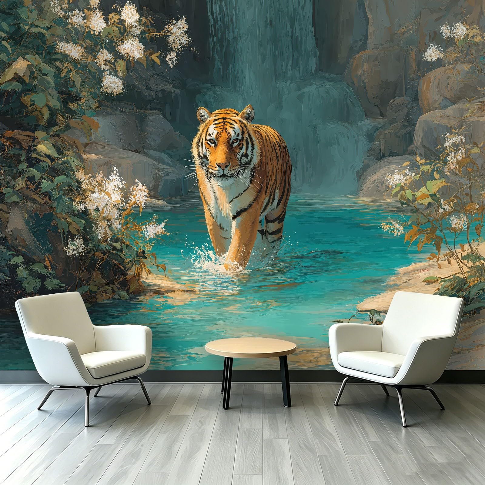 Malowidła ścienne tapeta tygrys wodospad nadruk dekoracja wnętrza 250 x 175 cm plakat tapeta mural do salonu kuchni łazienki, przedpokoju funkcja telewizora ściana kwiaty dżungla wrażenie 3D