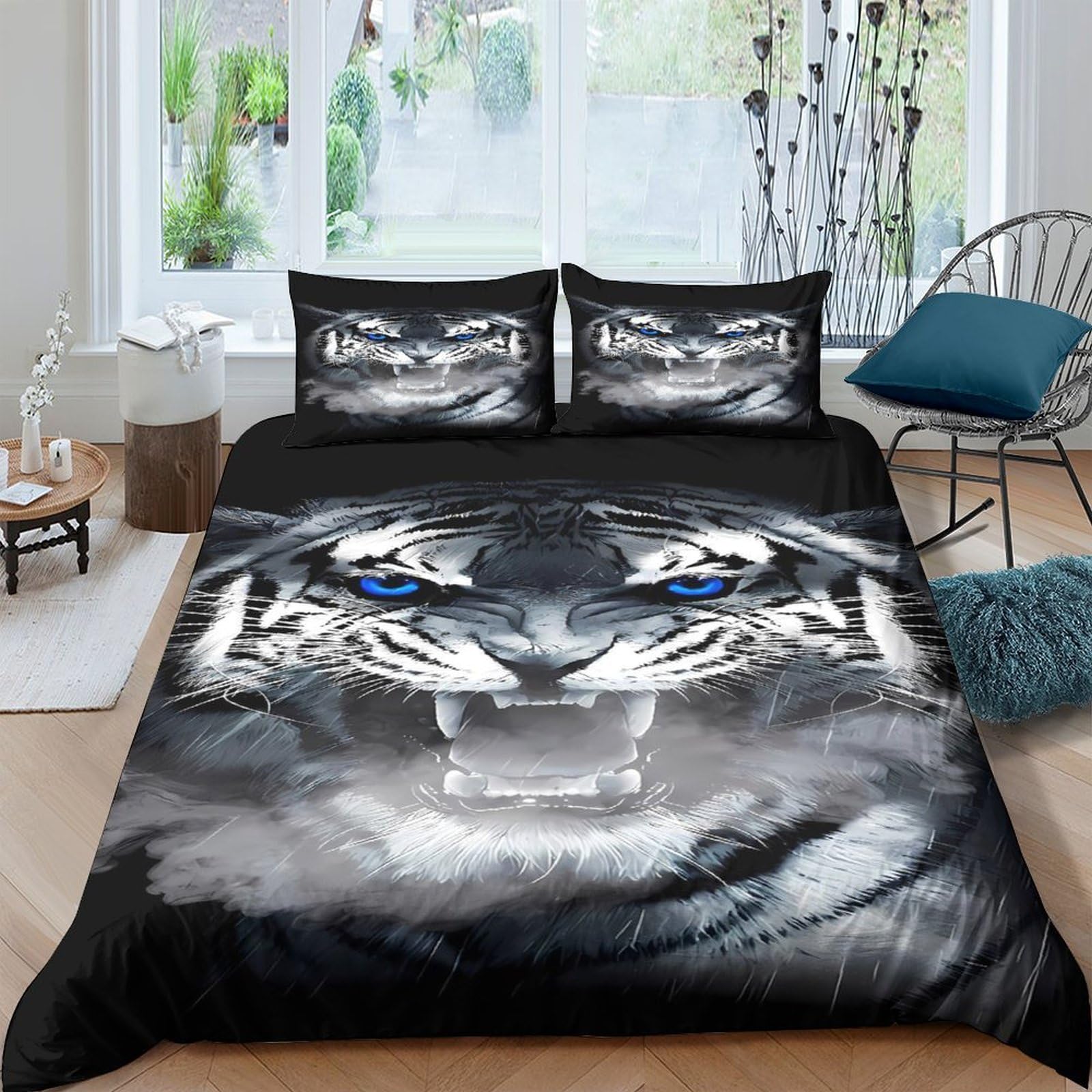Ctjqhvkz Style-2 3D Printed Fierce Tiger Fitted Sheet Microfiber Black Animal Pattern Mattress Cover For Bedroom Dorm Easy Care Protection Single（135X200cm）
