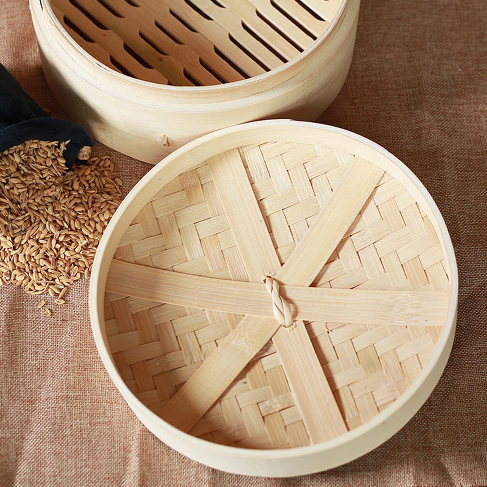 AIZYR Bambusdampfer Korb Einstufiger Knödeldampfer Mit Bambusdeckel Für Dim Sum, Brötchen, Gemüse, Reis, Fisch,27cm