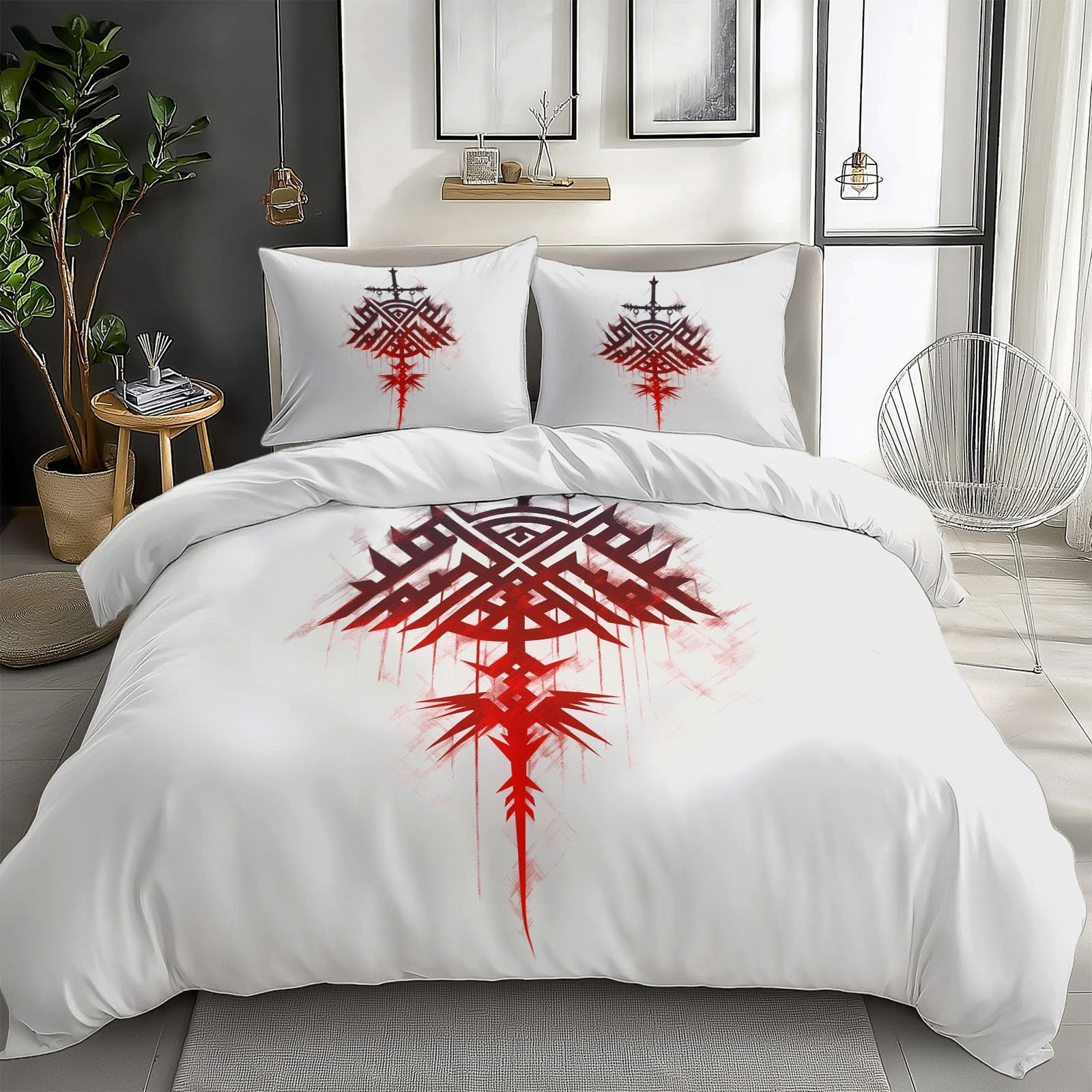 Copripiumino Matrimoniale 200 x 200 cm Logo Runico Vichingo Semplice Biancheria da Letto, 100% Microfibra 3 Pezzi con 2 Federa(50x80CM) Chiusura a Cerniera per Ragazzi e Ragazze, Bianco