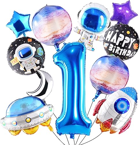 TMCCE 11 globos de aluminio con temática espacial para decoración de fiesta de cumpleaños con temática espacial de astronauta para el primer espacio