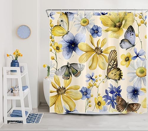 Miniatura 4 de WEENEO Cortina de ducha de flores de plantas de acuarela azul amarillo floral y mariposa retro en beige, cortinas de ducha para baño, juego de