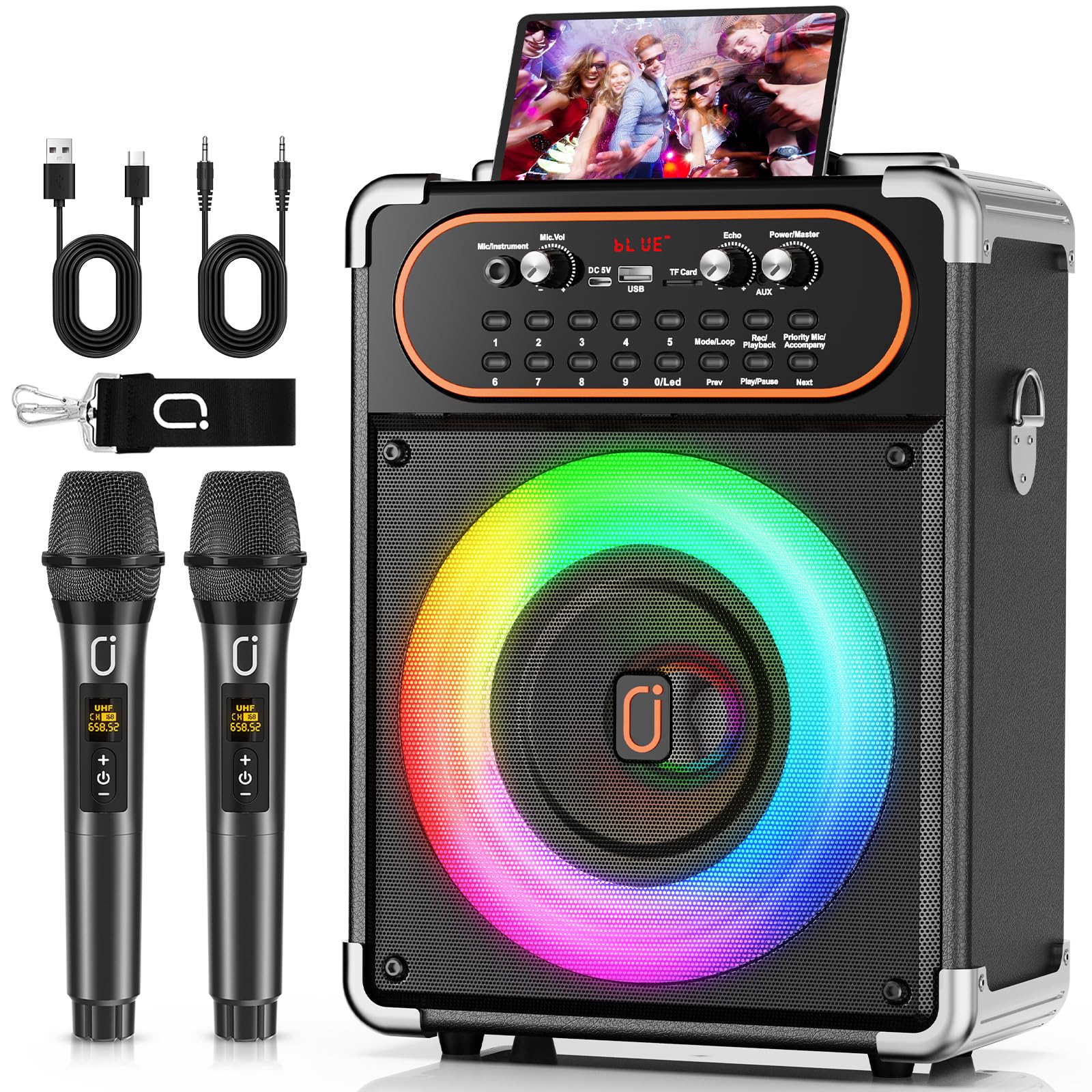 HWWR Karaoke Maschine, Karaoke Anlage mit 2 Mikrofonen Tragbarer Bluetooth 5.3-Lautsprecher mit PA-Anlage mit Echo-Einstellung, Unterstützung für TWS/TF-Karte/USB/AUX/TV-Anschluss, Bühnensubwoofer