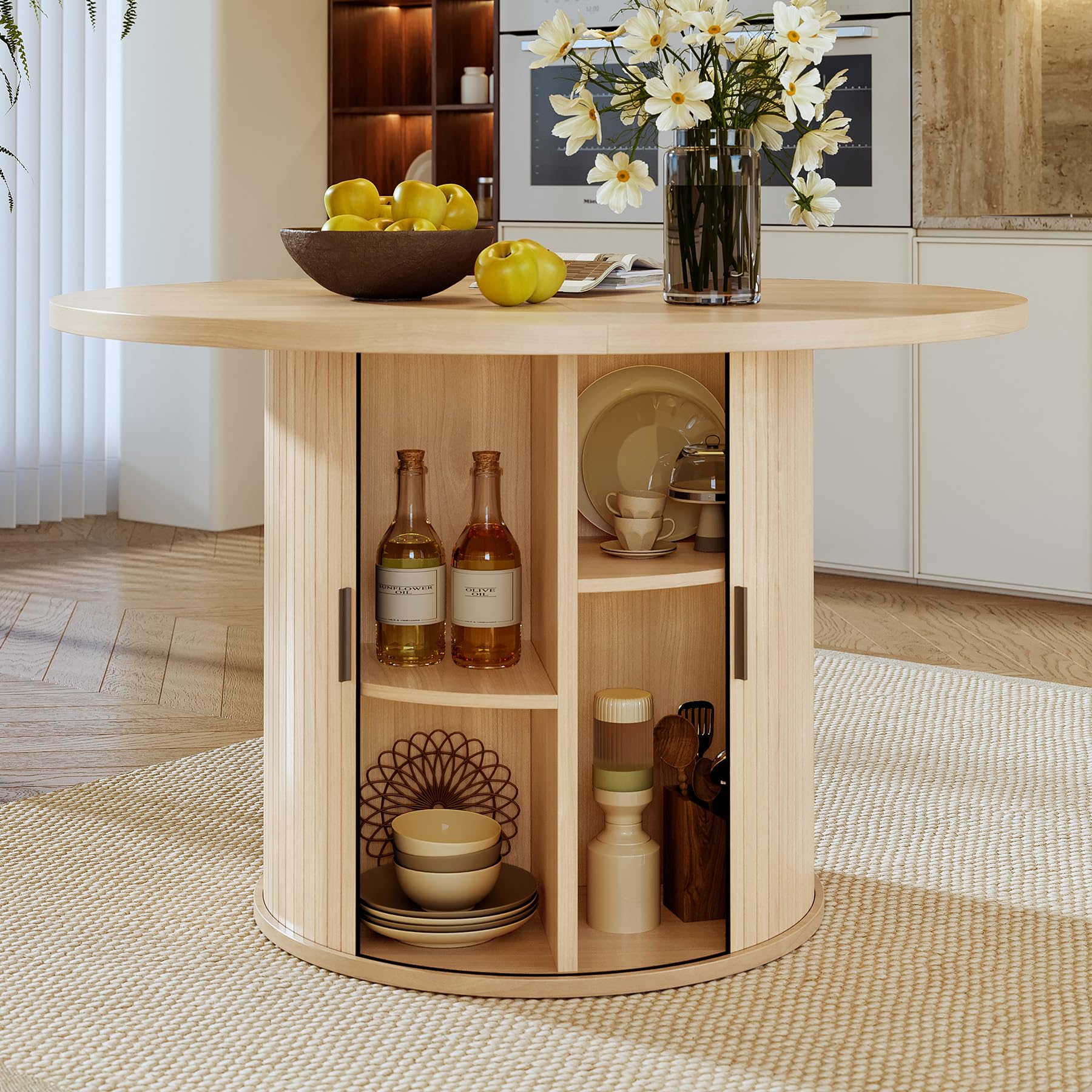 Hawthyhome Runder Esstisch 120cm mit Stauraum, Moderner Küchentisch mit Schiebetür & Lamellen-Optik, Esszimmertisch 4-teilige Holz Tischplatte, Rundtisch für Wohnzimmer, Küche, 2-6 Personen[Holzfarb]