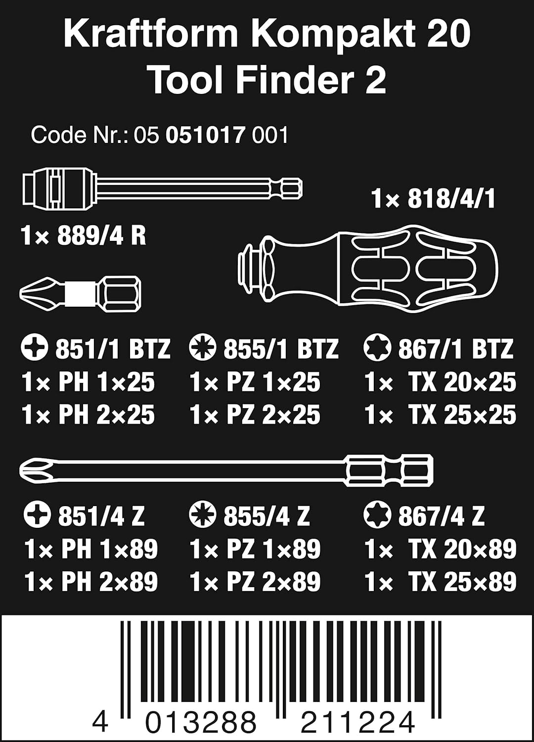 WERA 05051017001 Kraftform Kompakt 20 Tool Finder 2 with Pouch, 13 Pieces