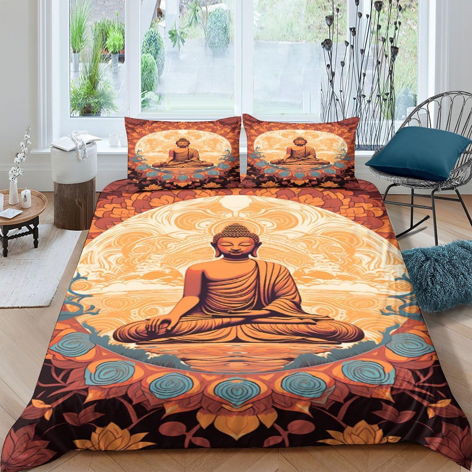 Aaharya Buddha Statue Duvet Cover 3D Buddha Printed Pattern Design Bedding Set Comforter Cover For Kids Aldult Bedspread Soft Microfiber Quilt Cover 3Pcs Set Double（200X200cm）