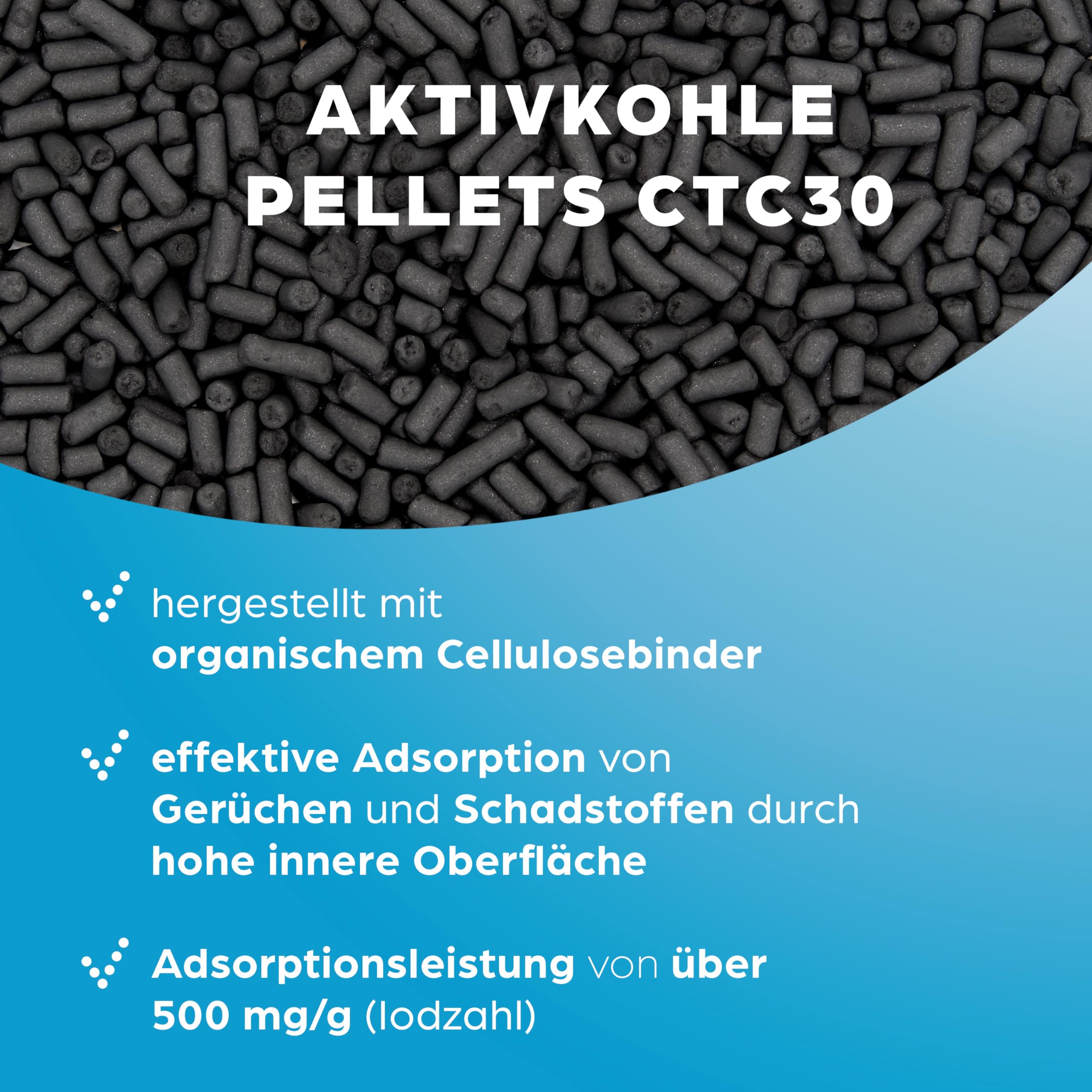 CTC30 Granulés de charbon actif 10 l pour la purification de l'air et le nettoyage du gaz, par exemple pour hottes aspirantes, diamètre 4 mm, classe énergétique A