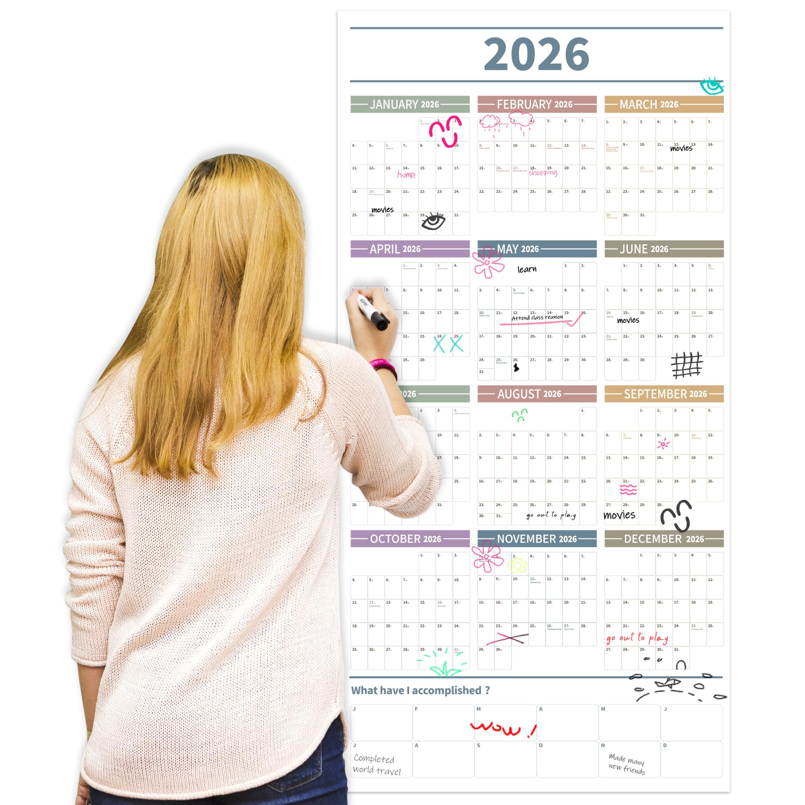 GuassLee Large Yearly Wall Calendar 2026, Full Year Calendar One Page, Jan. 2026- Dec 2026, Annual Wall Calendar 2026, 24"X 48" Planner 2026 Large with Foam Stickers