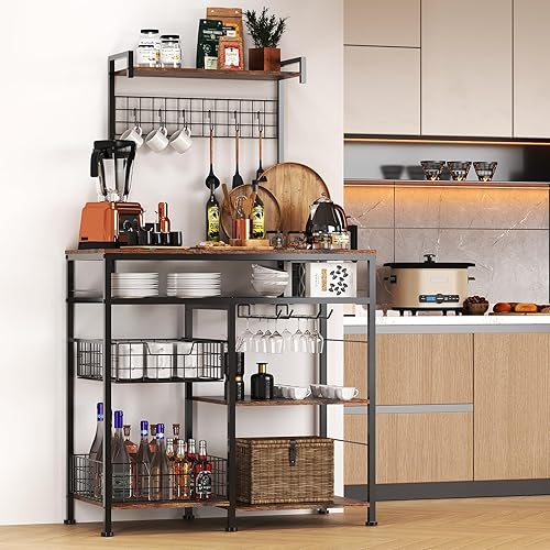 Miniatura 2 de Armario de café de granja  Aparador de 31 pulgadas con 8 ganchos y cesta de almacenamiento deslizante extraíble, ideal para cocina, comedor y sala