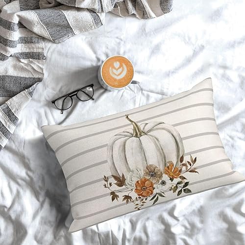 Miniatura 3 de Juego de 2 fundas de almohada de otoño de 12 x 20 pulgadas, fundas de almohada de calabaza en acuarela, rayas grises, flores de otoño para