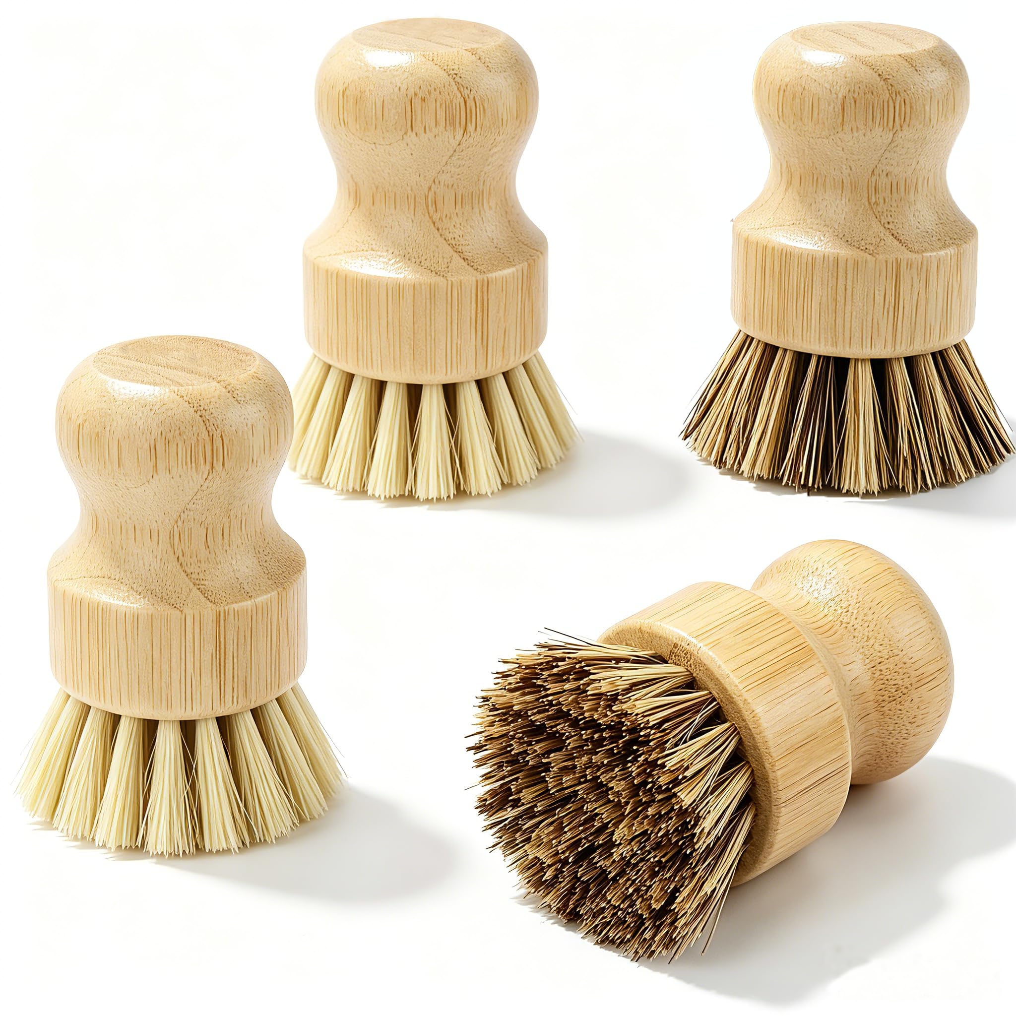 Bamboo Dish Brush Set with Palm and Sisal Bristles, 4 Pcs Natural Bamboo Dish Scrubber Brush for Kitchen Cleaning, Pots, Pans, Vegetables, Fruit