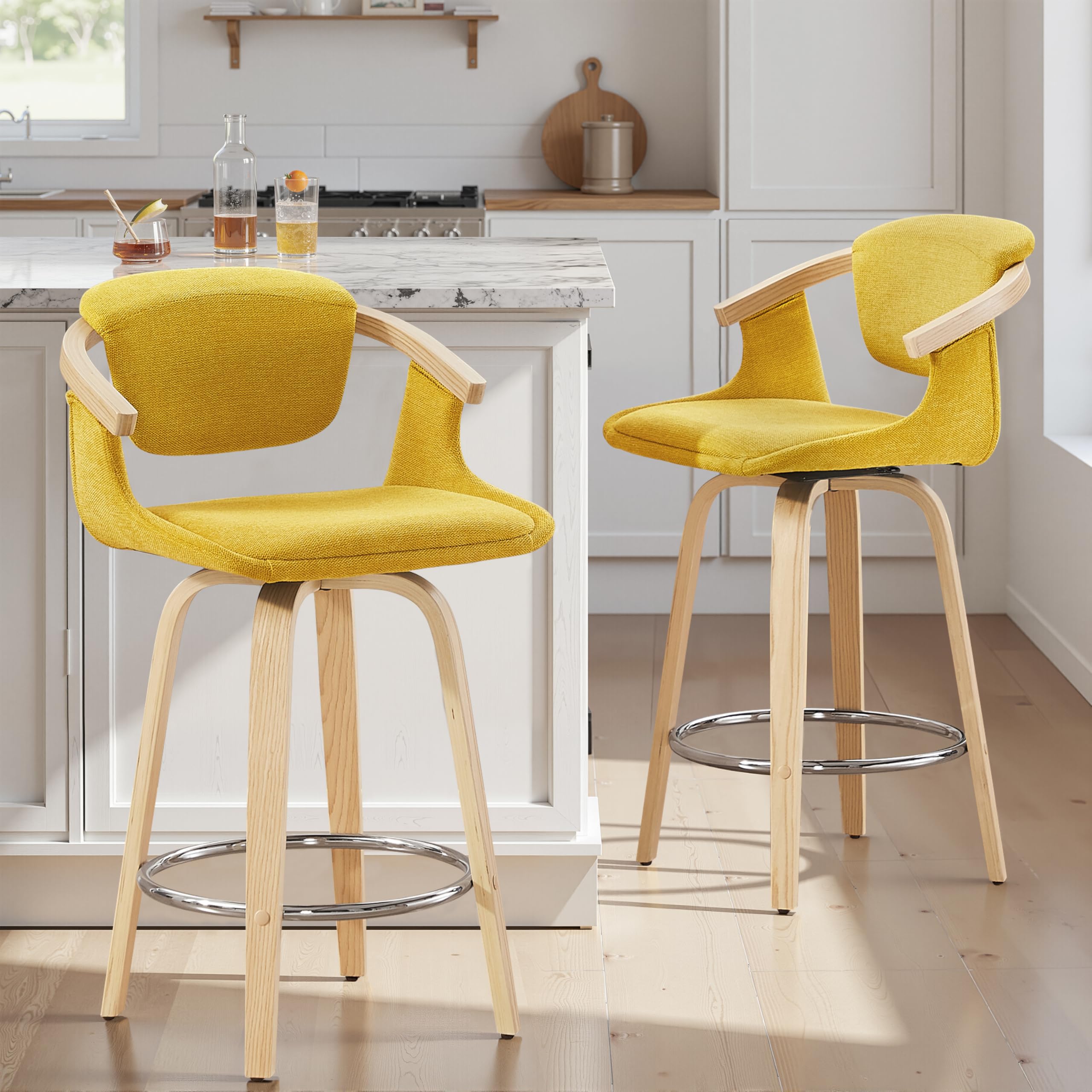Zouron Set di 2 sgabelli da bancone in legno (noce), sgabelli da bar girevoli con schienale (poliestere), sgabelli da bancone, per isola cucina, bar, Giallo