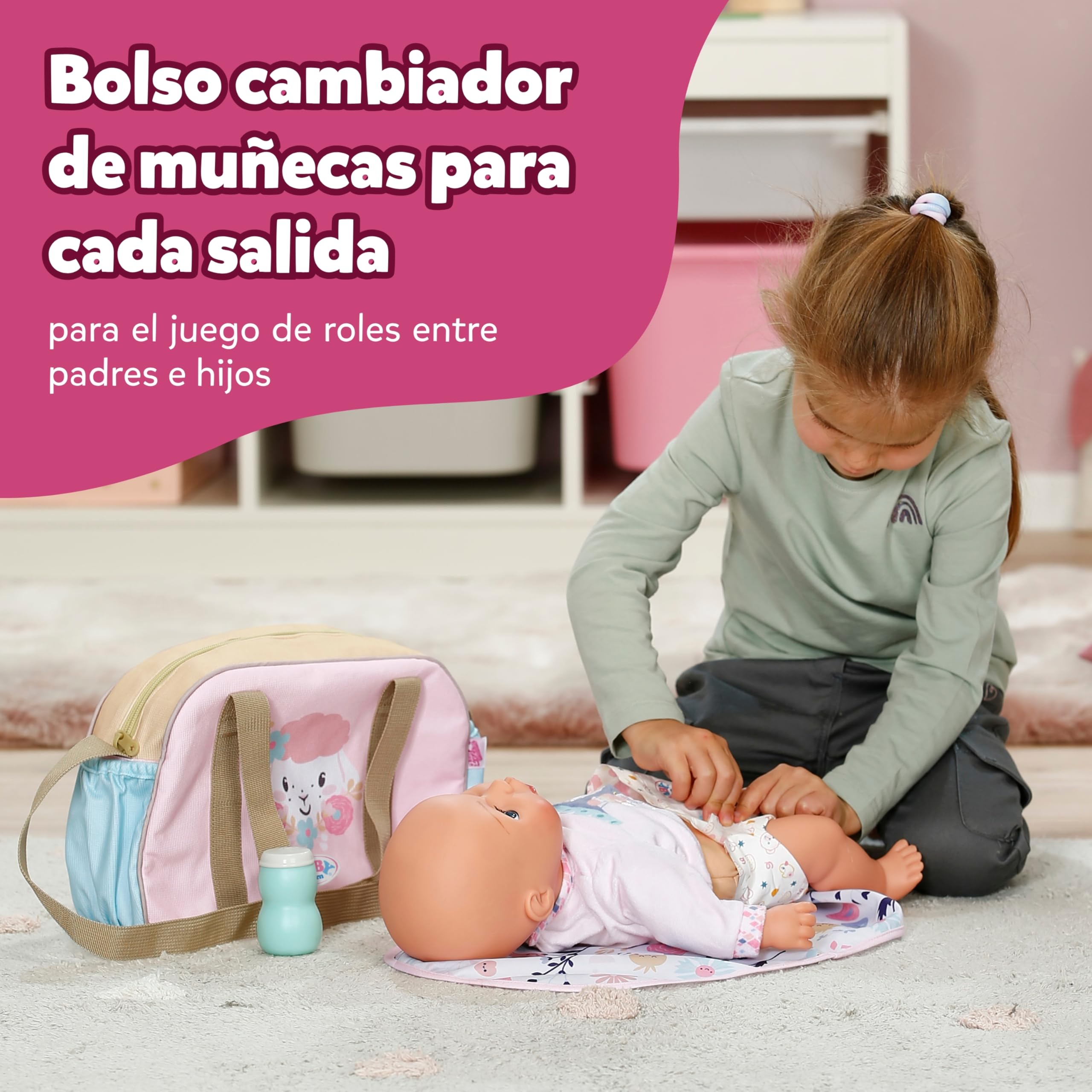 Baby Born Bolso cambiador – Bolso para muñecas con diseño floral – Incluye cambiador, pañal & bote de talco – Accesorio para muñecas de 36 cm & 43 cm