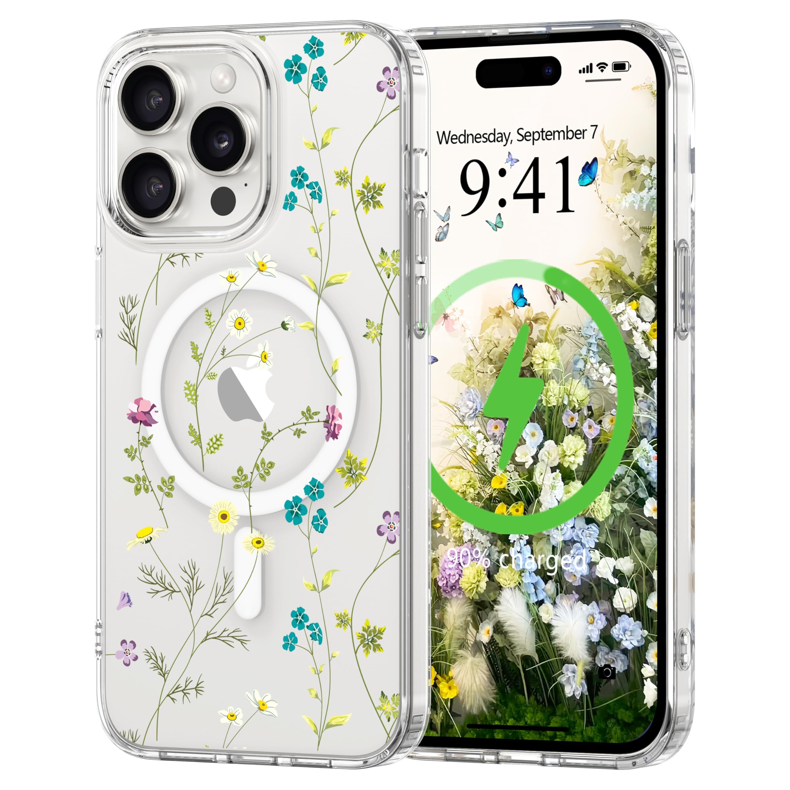 L-FADNUT Magnetisch Hülle für iPhone Kompatibel mit MagSafe, Transparent Blumen Muster Handyhülle Hart PC Rückseite Dünne Stoßfest Kratzfestes Schutzhülle Case für iPhone