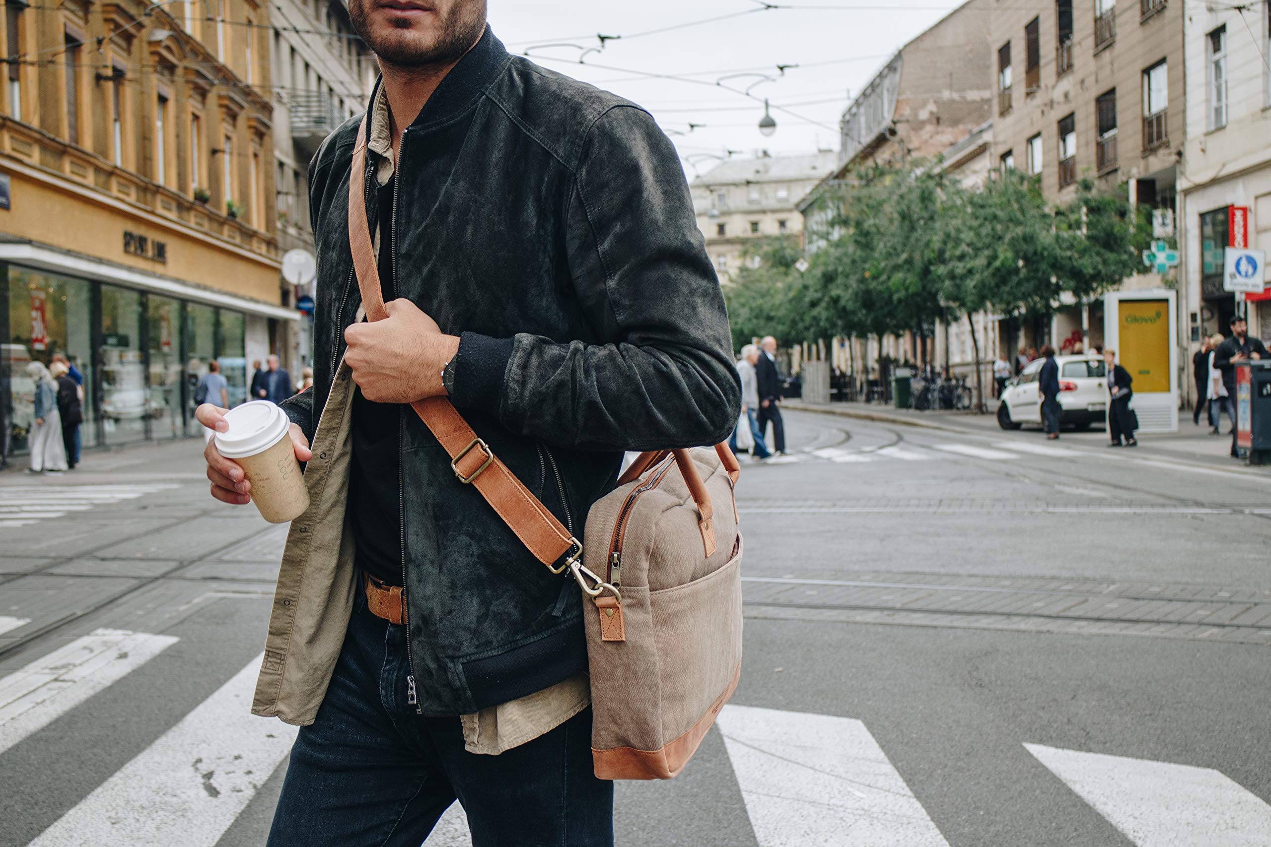 HOLZRICHTER Berlin - Aktentasche für Herren aus Canvas und Echtleder, 30 x 39 x 10 cm, 15" Laptoptasche mit Reisverschluss, Briefcase handgefertigt, No 1-2