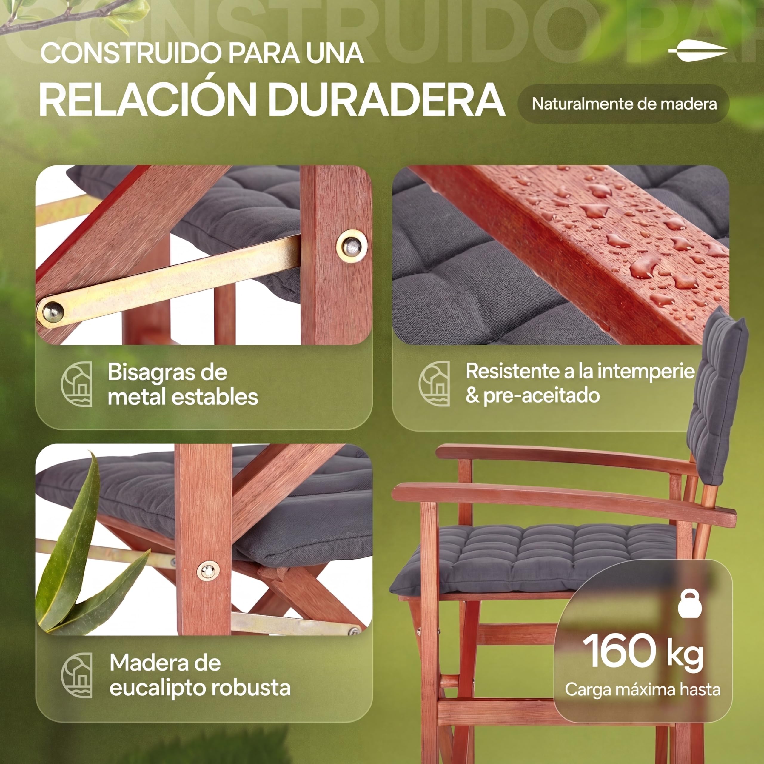 CASARIA Silla Director Plegable Acolchada Madera Eucalipto Certif. FSC