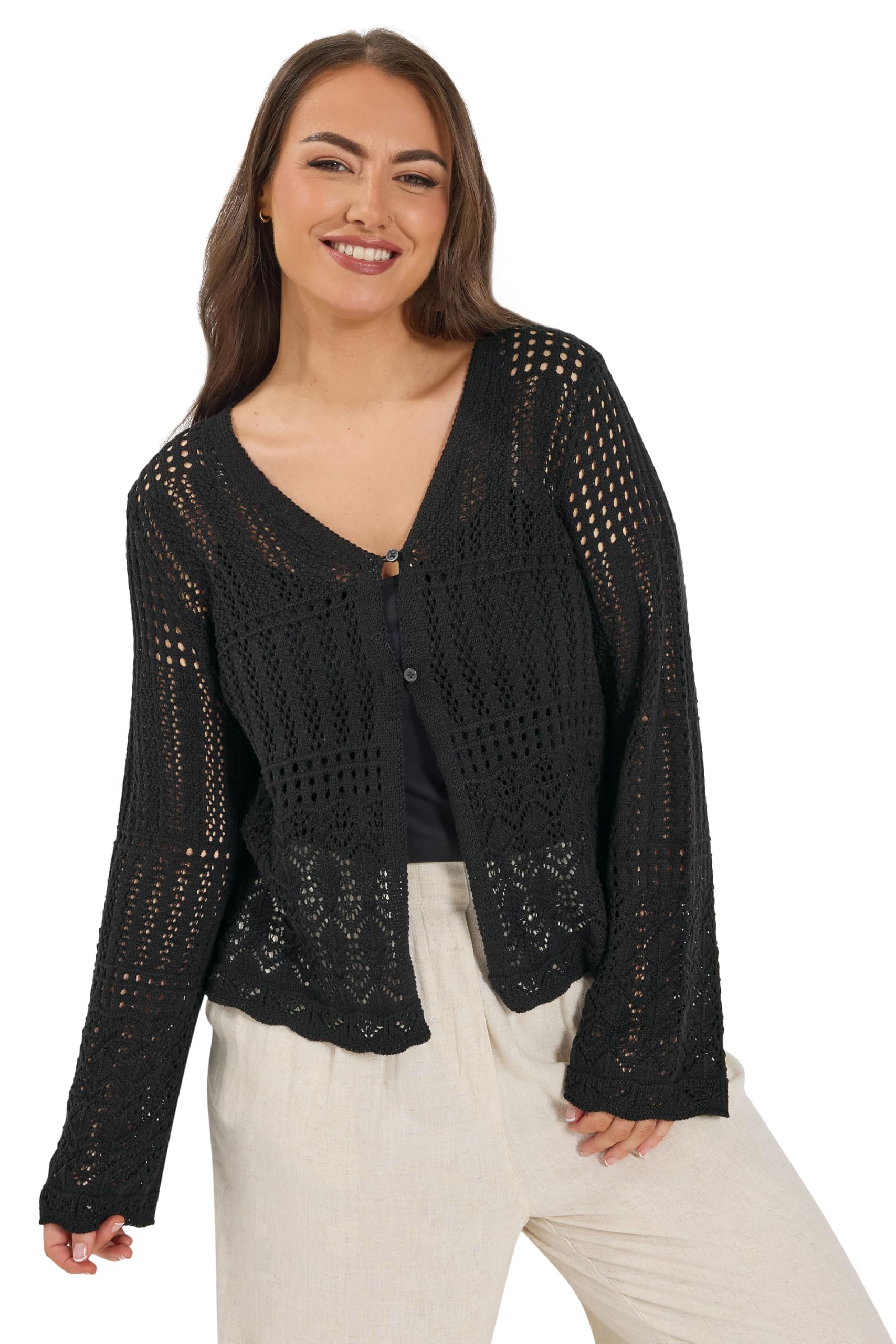 Yours Women's Black Pointelle Knitted Cardigan Sweater In | Size: 26-28