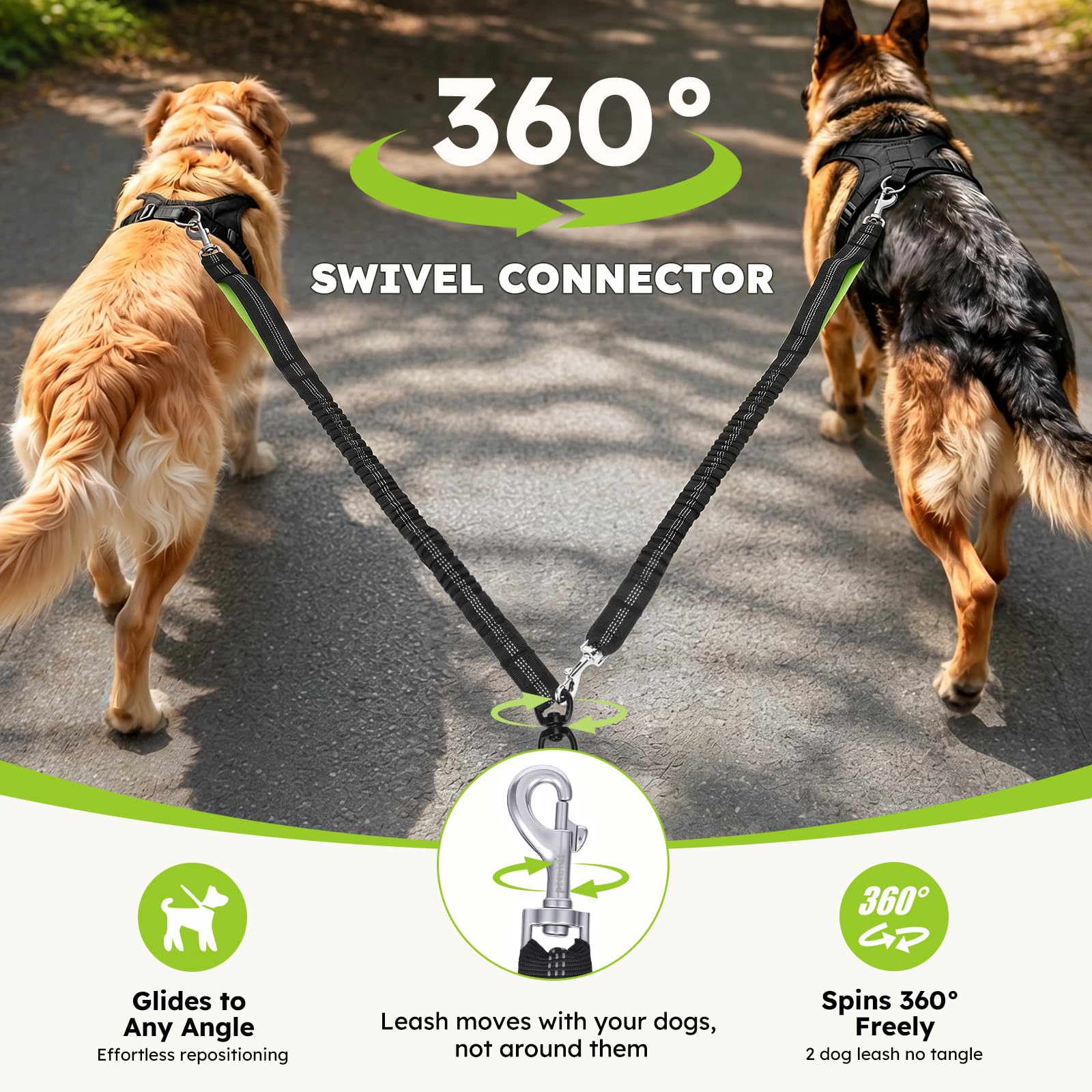 Pecute Joggingleine für 2 Große Hunde 15-50kg mit Breiter Bauchgurt | Hundeleine zum Joggen Multifunktional Freie Kombination| wasserdichte Bauchtasche, Stoßdämpfendes Bungee, Dick Doppelgriffe