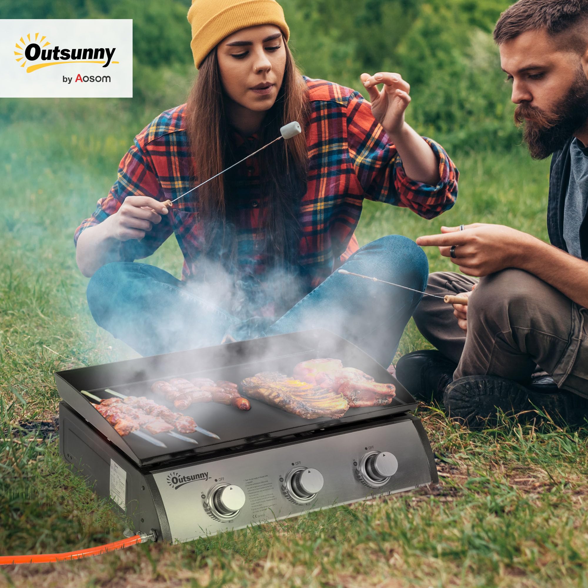 Outsunny Gasgrill 3 Brenner 7,5 kW Grillfläche 65×35,5 cm Schwarz+Silber | Edelstahl, Tragbarer Tischgrill, BBQ, für Balkon, Garten, Camping