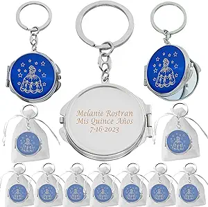 12 Pcs Personalized Mis Quince Party Favors Sweet 16 Custom Girls Quinceanera 18 Birthday Souvenir Mirror Keychains (Royal/blue)