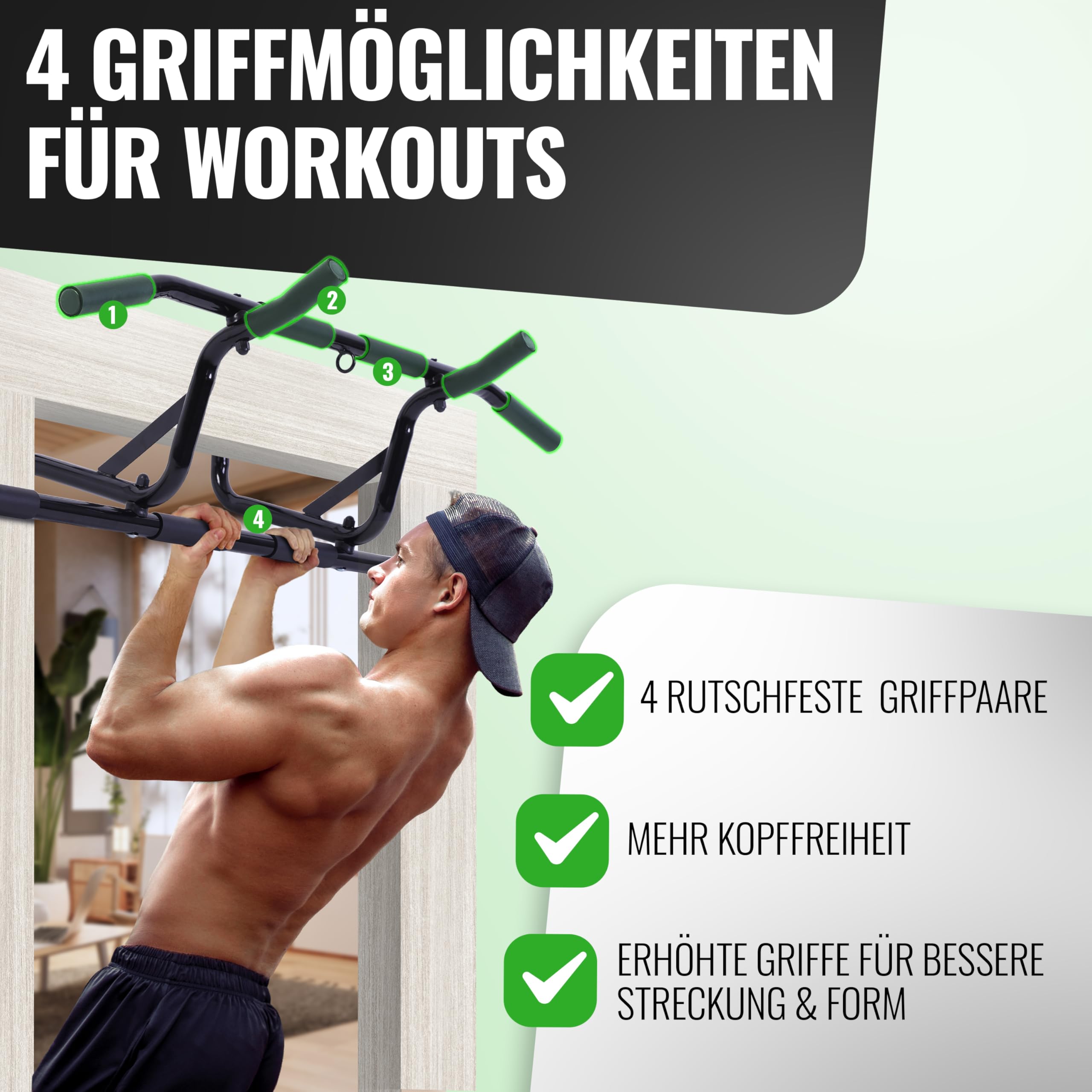 AthleticPro Klimmzugstange für Türrahmen ohne Bohren zum Einhängen – Stabile Pull Up Bar & Türreck [bis 90cm breite Tür] – Für Klimmzüge, Dips & Push-Ups inklusive Klimmzugsband