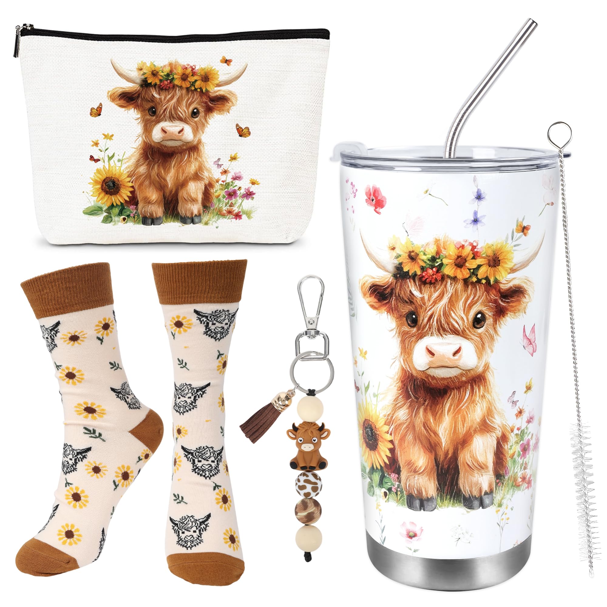 JoyAura 4 Pcs Highland Cow Gifts Mug Makeup Bag Bracelet Socks for Women