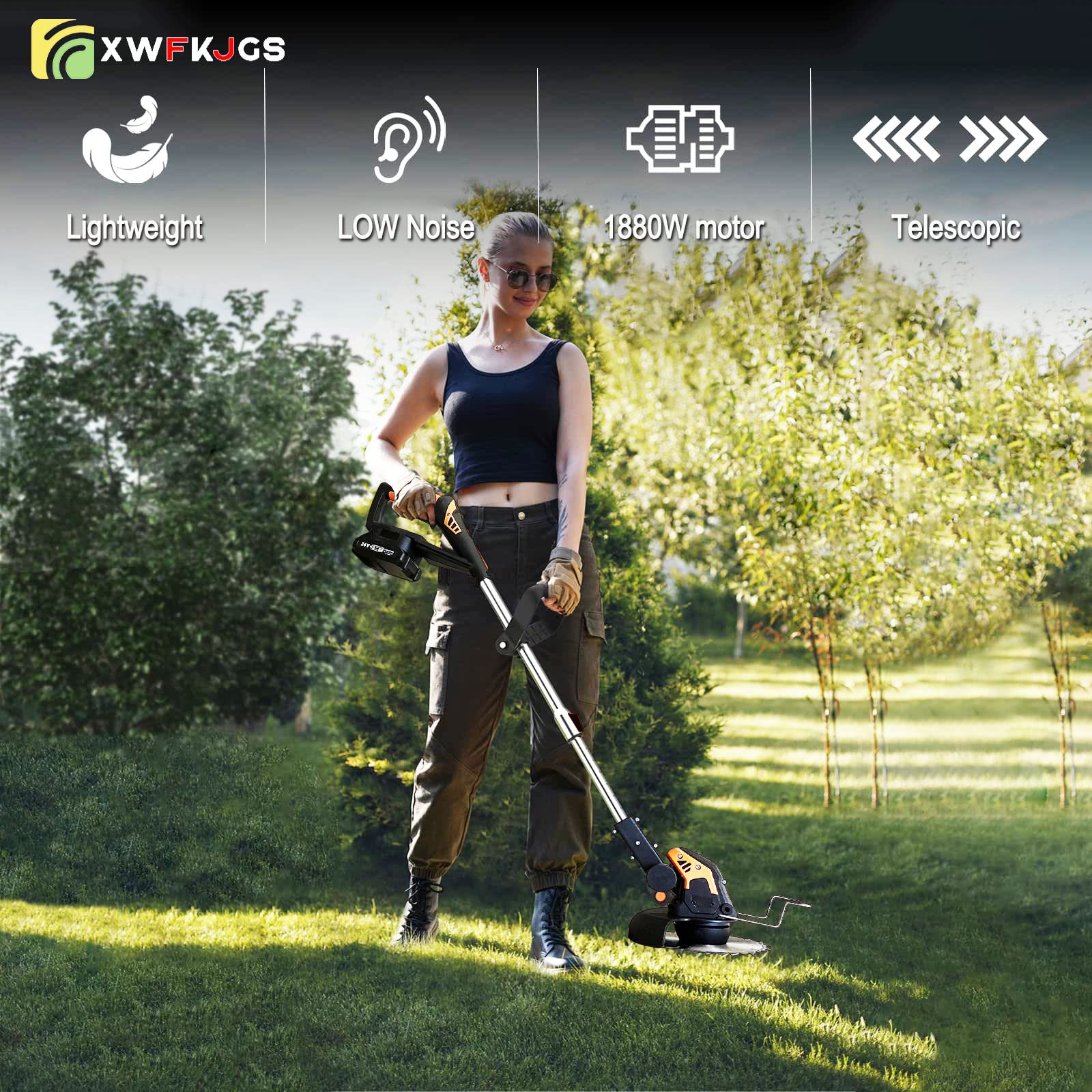 Weed Wacker Cordless, Weed Eater Battery Powered with 2 Pcs 2.0Ah Batteries, Adjustable Cutting Angle & Height, String Trimmer with 3 Types Blades and Grass Rake for Garden and Yard