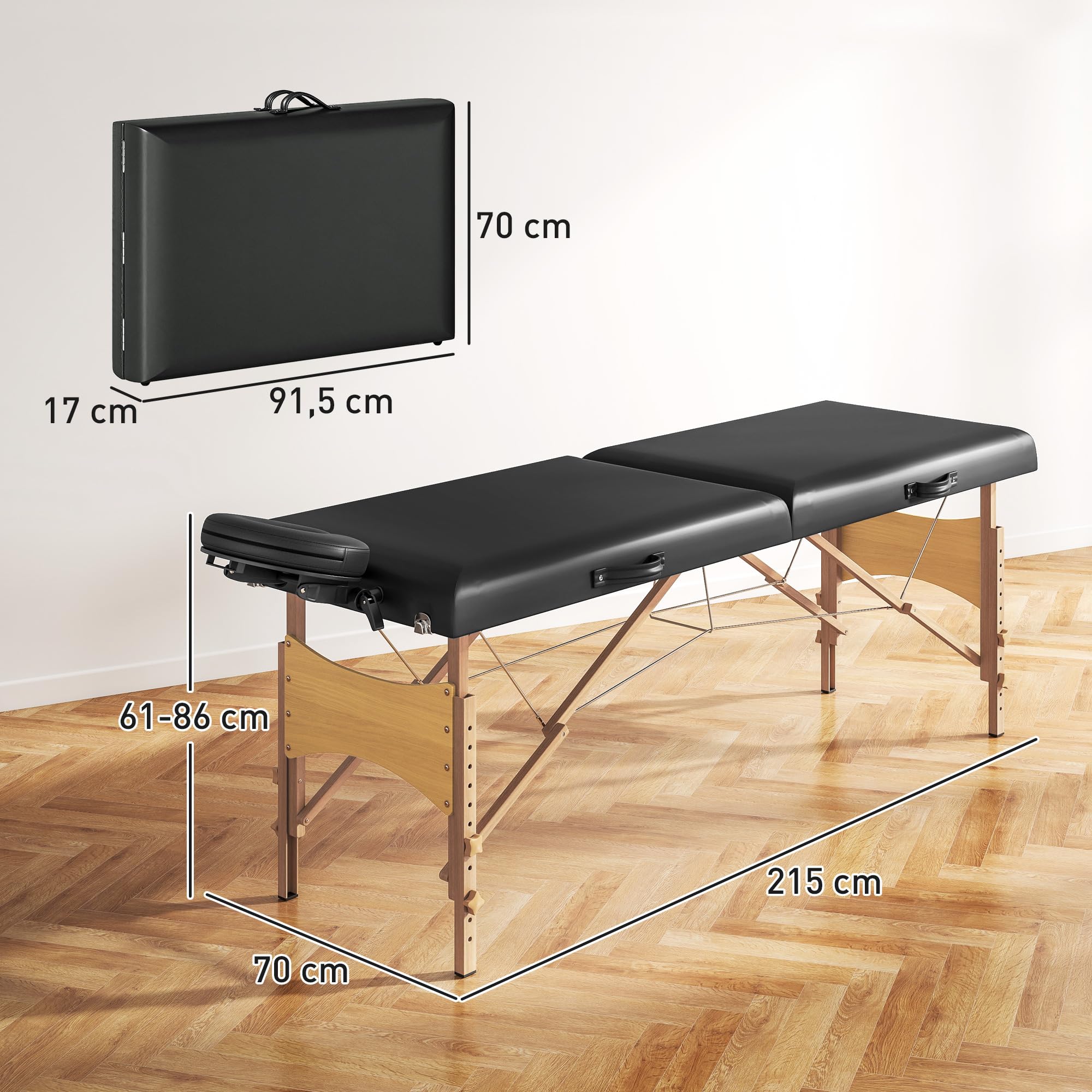 HOMCOM Mobile Massageliege 2 Zonen Klappbar Massagetisch Höhenverstellbar Massagebank 70 cm Breit mit Kopfstütze, Holzfüßen Massagebett Kosmetikliege Schwarz