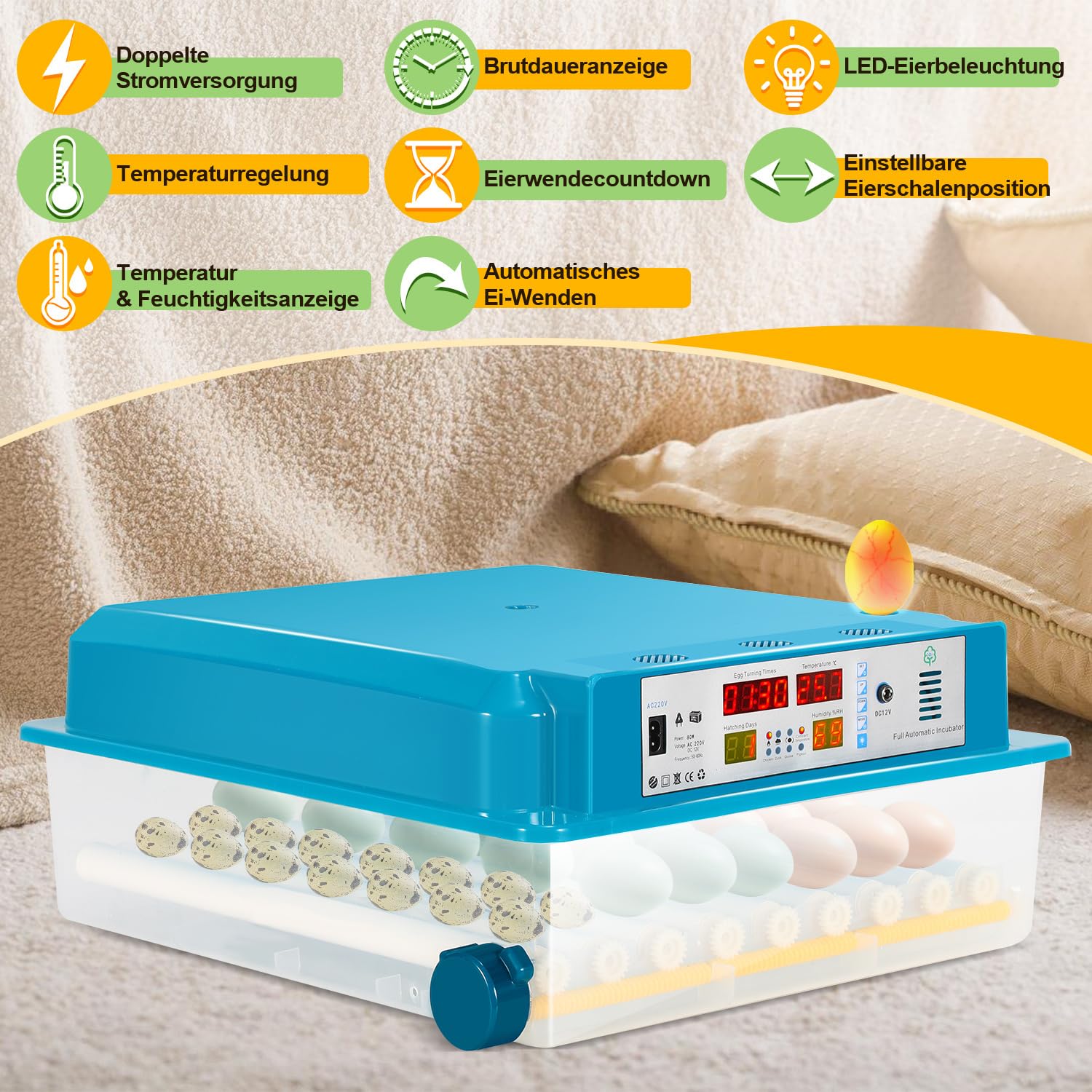 Incubadora totalmente automática, incubadora para 64 huevos de gallina con control de temperatura y humedad, sistema automático de giro de 90 minutos, transluminancia LED y funcionamiento con