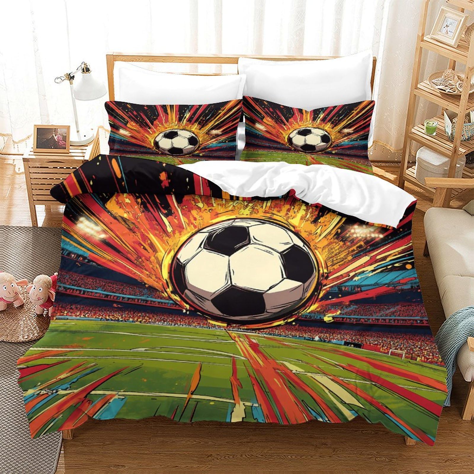 P1S9U7W5Y Dynamic Football Theme 3D Printed Duvet Cover Set 3pcs Microfiber Soccer Bedding Set Double（200x200cm）