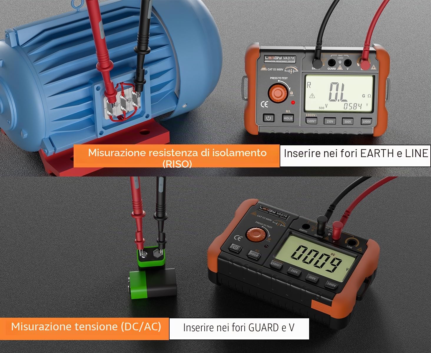 LEAGY VAD78 Tester di resistenza di isolamento digitale - Megohmmetro di precisione per test di tensione DC/AC (20-1500V, 20-750V) e misura della resistenza (0-5000 megaohm)