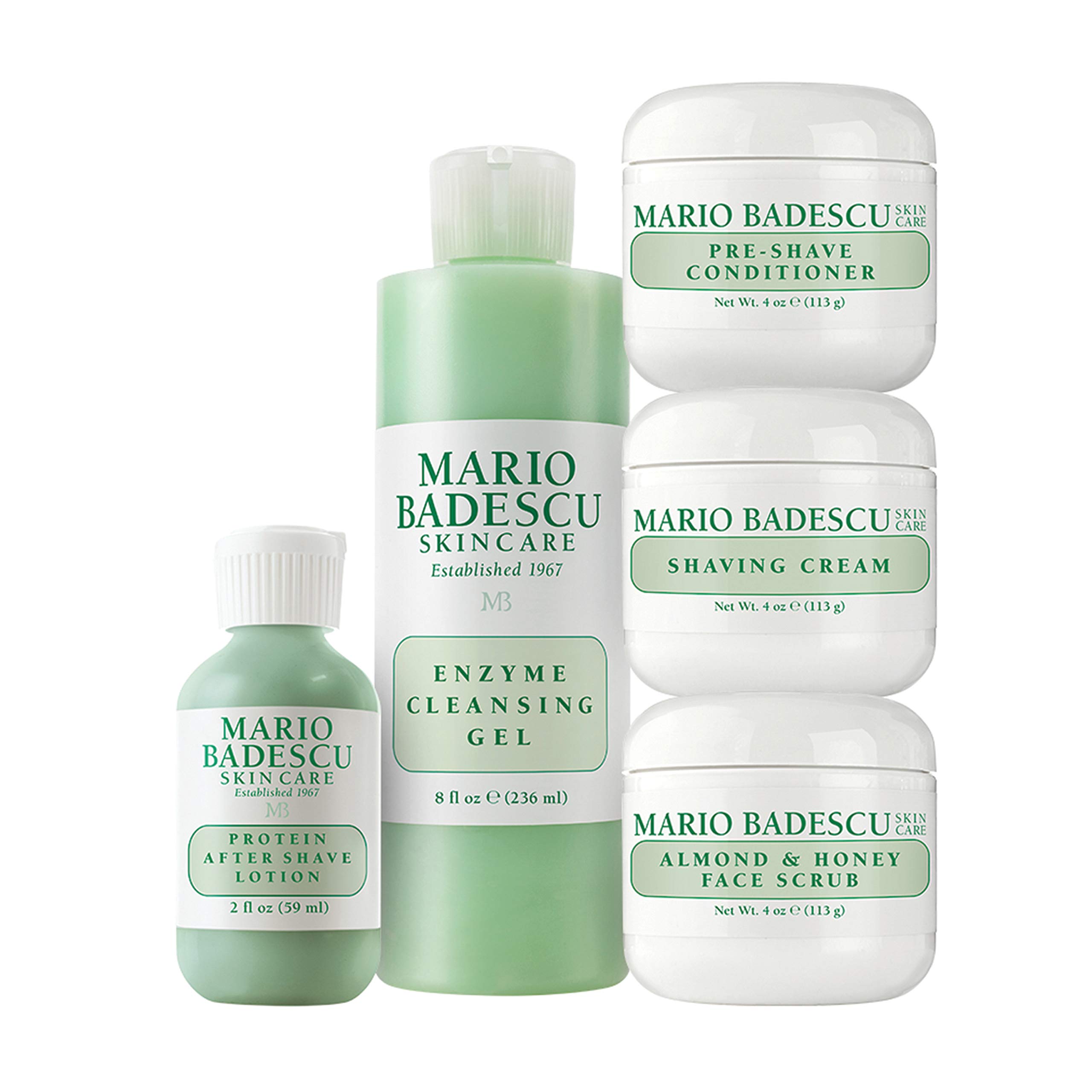 Mario Badescu Men Grooming Basics 5 Piece-kit, Skin Care Gift Set for Men, with Pre Shave Conditioner, Shaving Cream, Almond & Honey Face Scrub, After Shave Lotion, and Enzyme Cleansing Gel