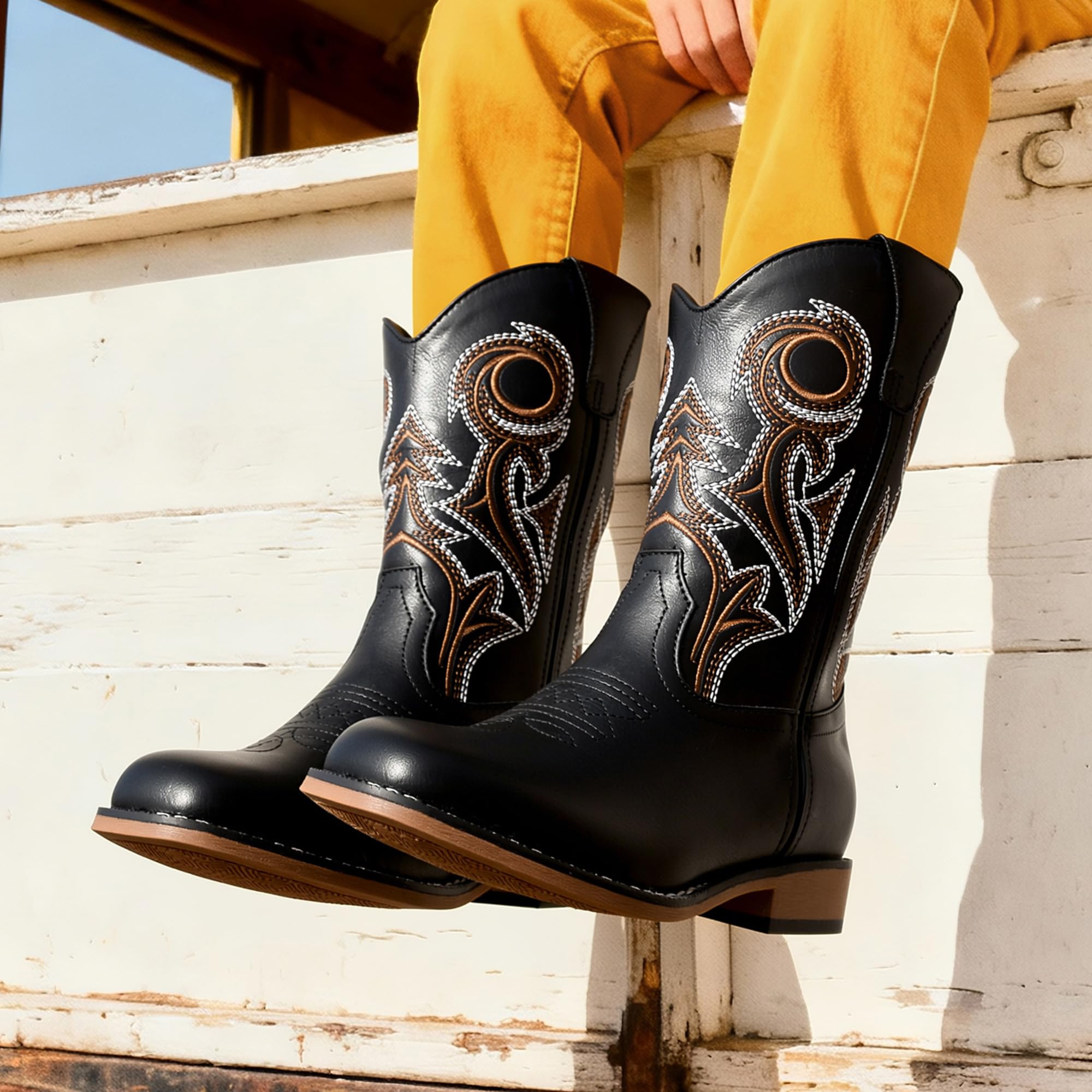 DREAM PAIRS Stivali per bambini: comfort classico | Stivali in cowboy retrò ricamati con punta quadrata, per bambini, con fodera morbida, per feste, Halloween, equitazione