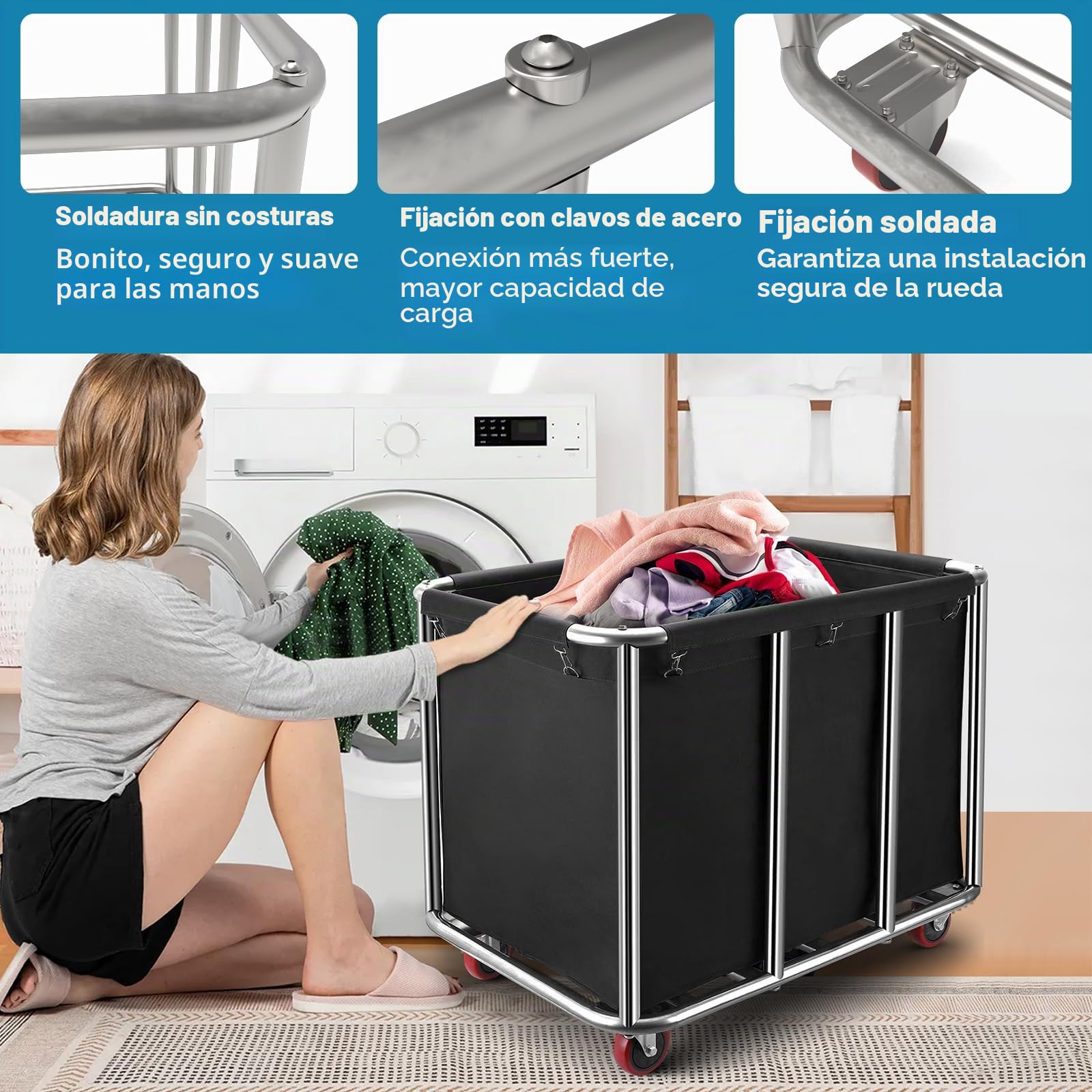 Carrito de lavandería, carrito de lavandería de acero inoxidable, comercial, grande, comercial, de acero inoxidable, con ruedas, cesta de lavandería plegable con ruedas, para el hogar y hotel, 90 x 65