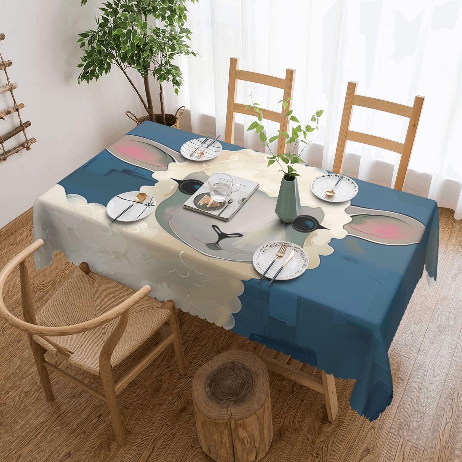 WPKJU Sheep Art Printed Rectangle Tablecloth 72x54 Inch with Lace Trim, Water-Resistant Washable Table Cover for Farmhouse Weddings, Outdoor Picnics & Holiday Dining