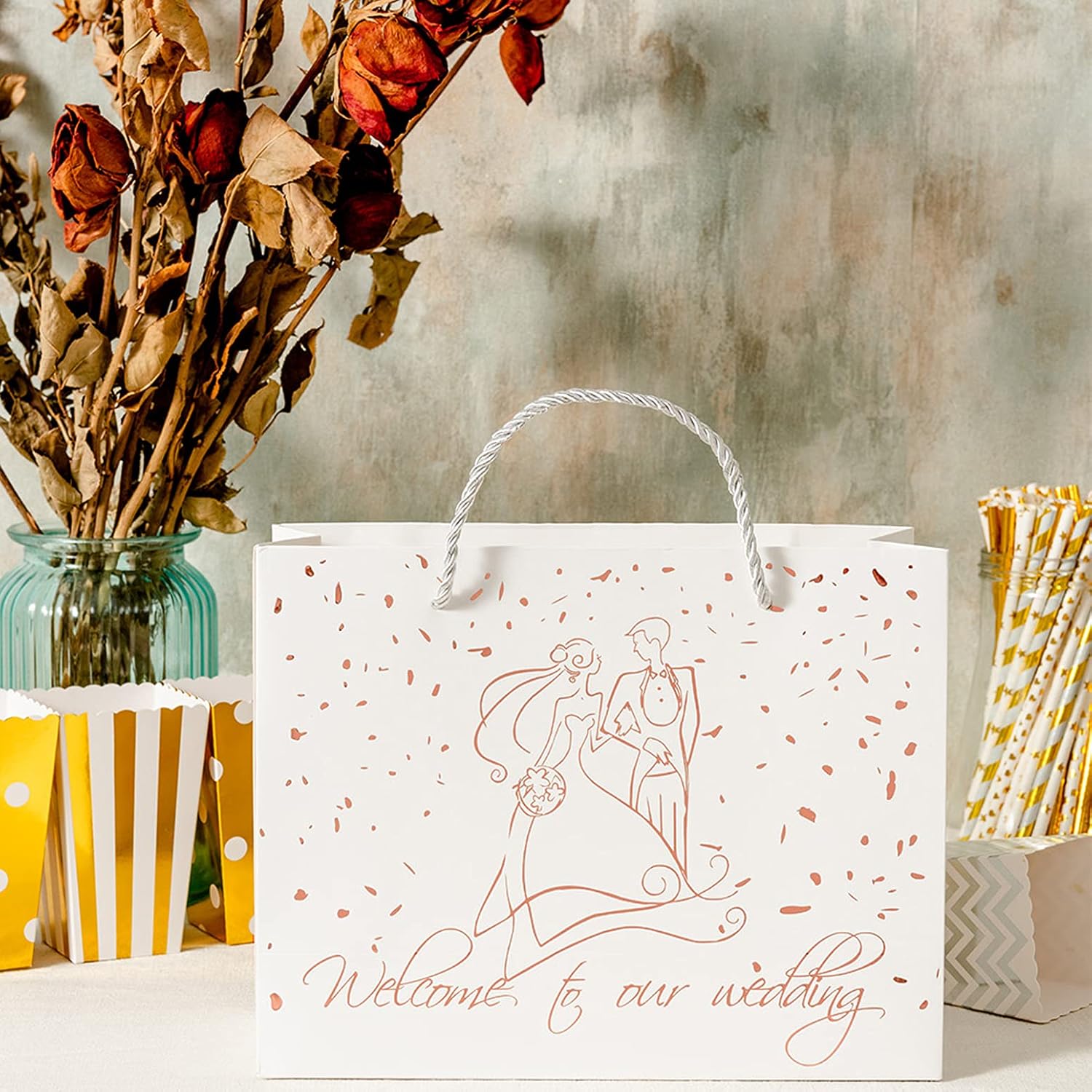 Get Discount Offer Crisky Welcome to Our Wedding Gift Bags for Hotel Guests, 25 Pcs, White Bag & Rose Gold Foil Text Limited Discount Crisky Welcome to Our Wedding Gift Bags for Hotel Guests, 25 Pcs, White Bag & Rose Gold Foil Text