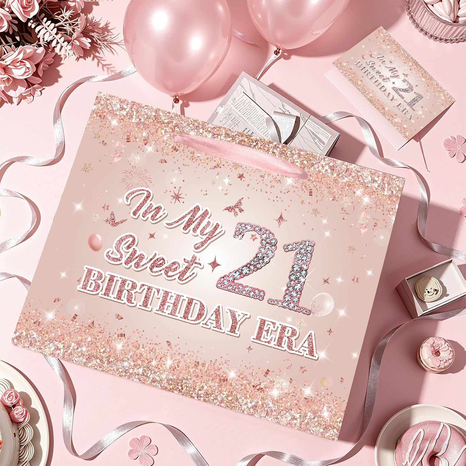 Pink 21st Birthday Gift Bag with Tissue Paper and Card Large Sweet 21 Birthday Era Party Favor Bags for Girls Twenty One Years Old Birthday Gift Wrap Pink Rose Gold Theme Party Decor for Women 11.8in
