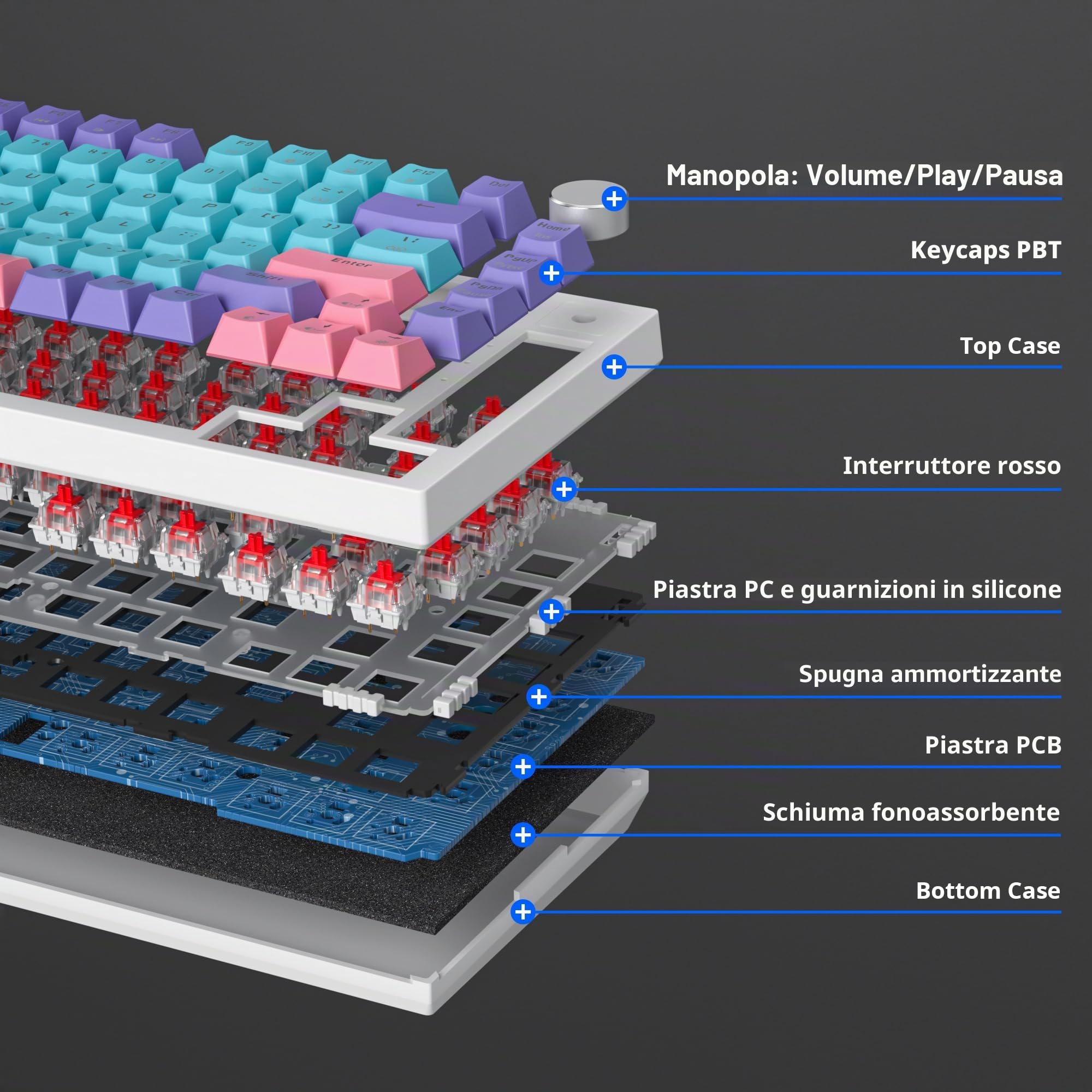 Tastiera meccanica con guarnizione al 75%, tastiera RGB meccanica cablata personalizzata TKL al 75% sostituibile a caldo con cuscinetti fonoassorbenti, QWERTY americana programmabile